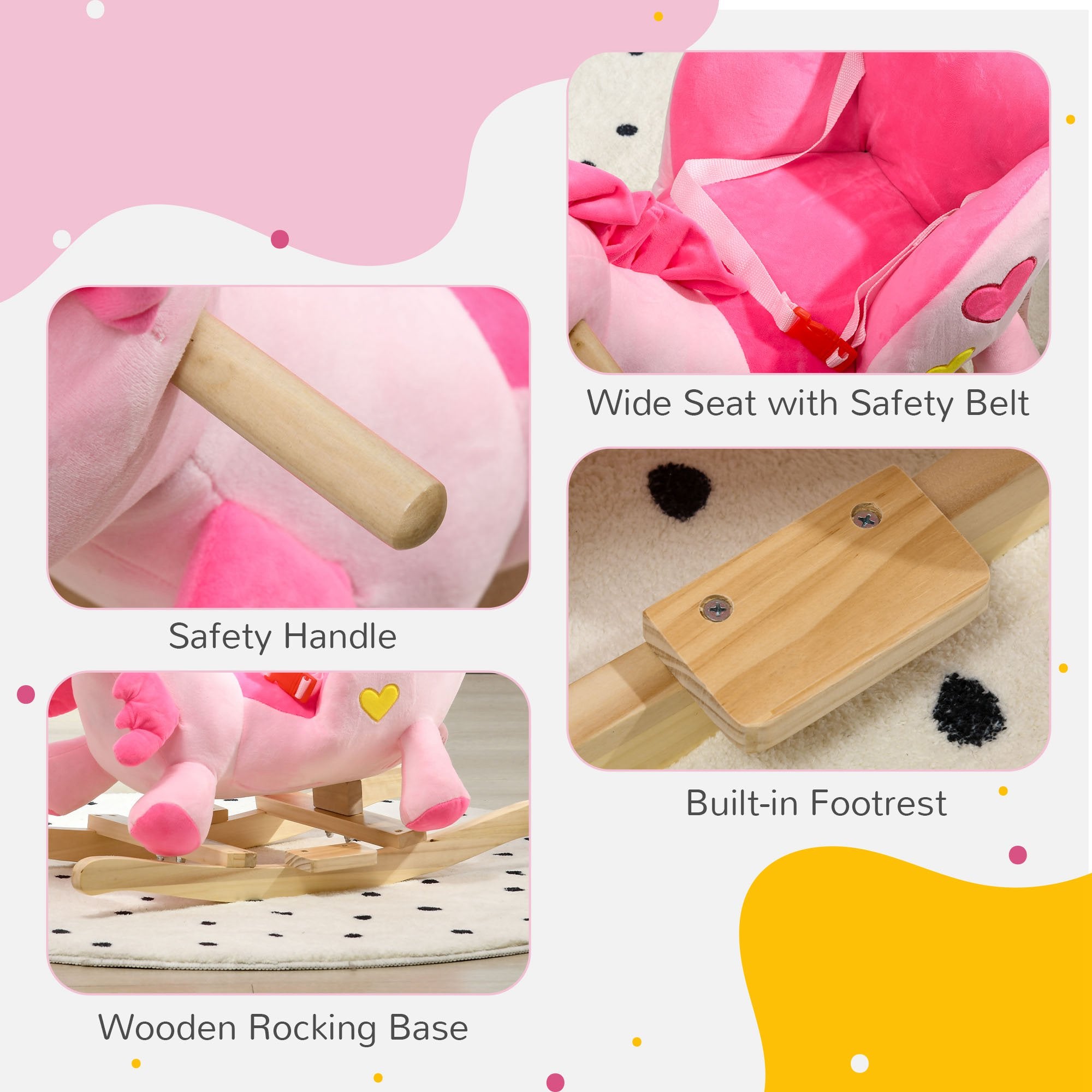 Kids Rocking Horse Ride on Unicorn with Songs, Wooden Base, Seatbelt, for Ages 18-36 Months, Pink