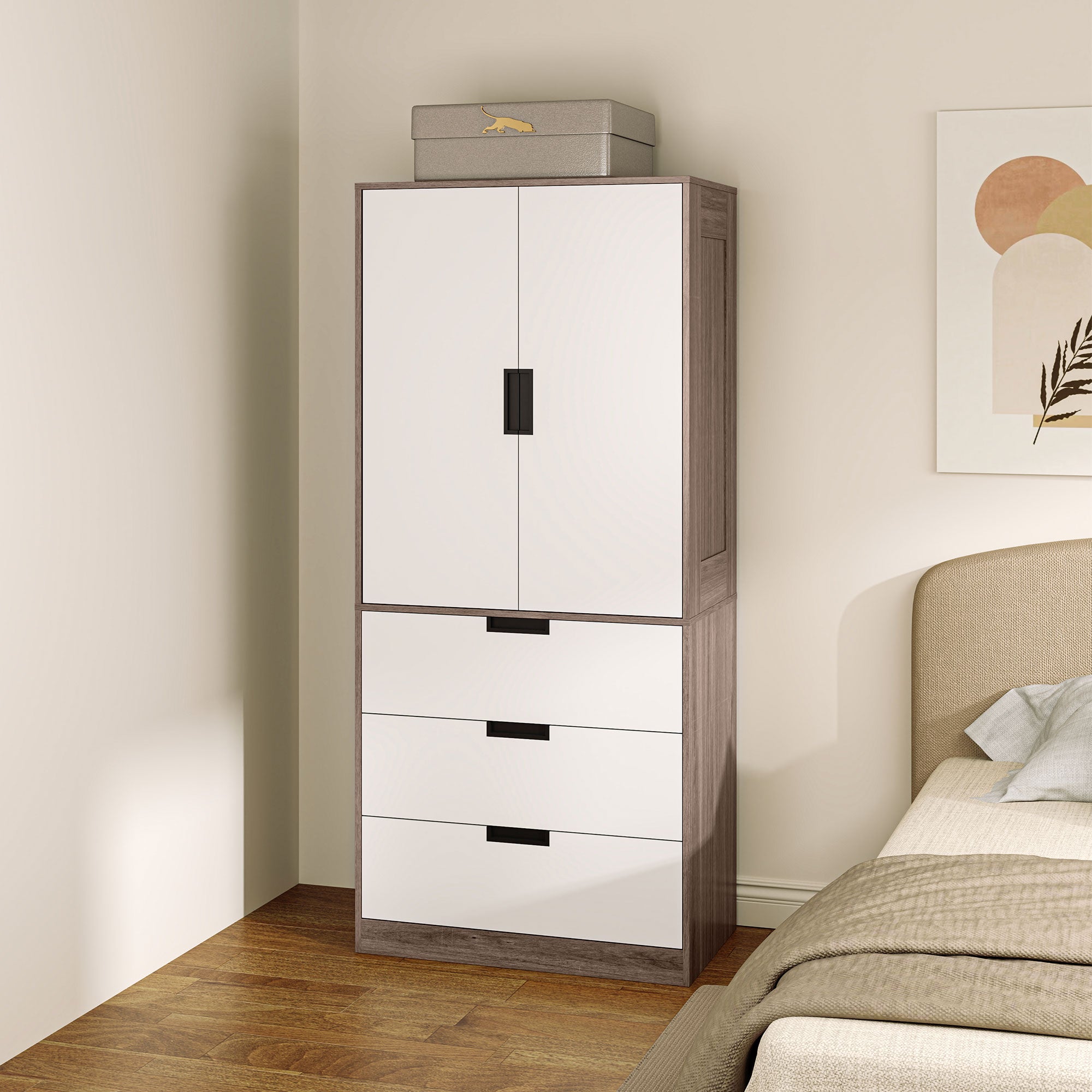 Two Door Two Drawer Wardrobe with Brown Accents - White/Brown