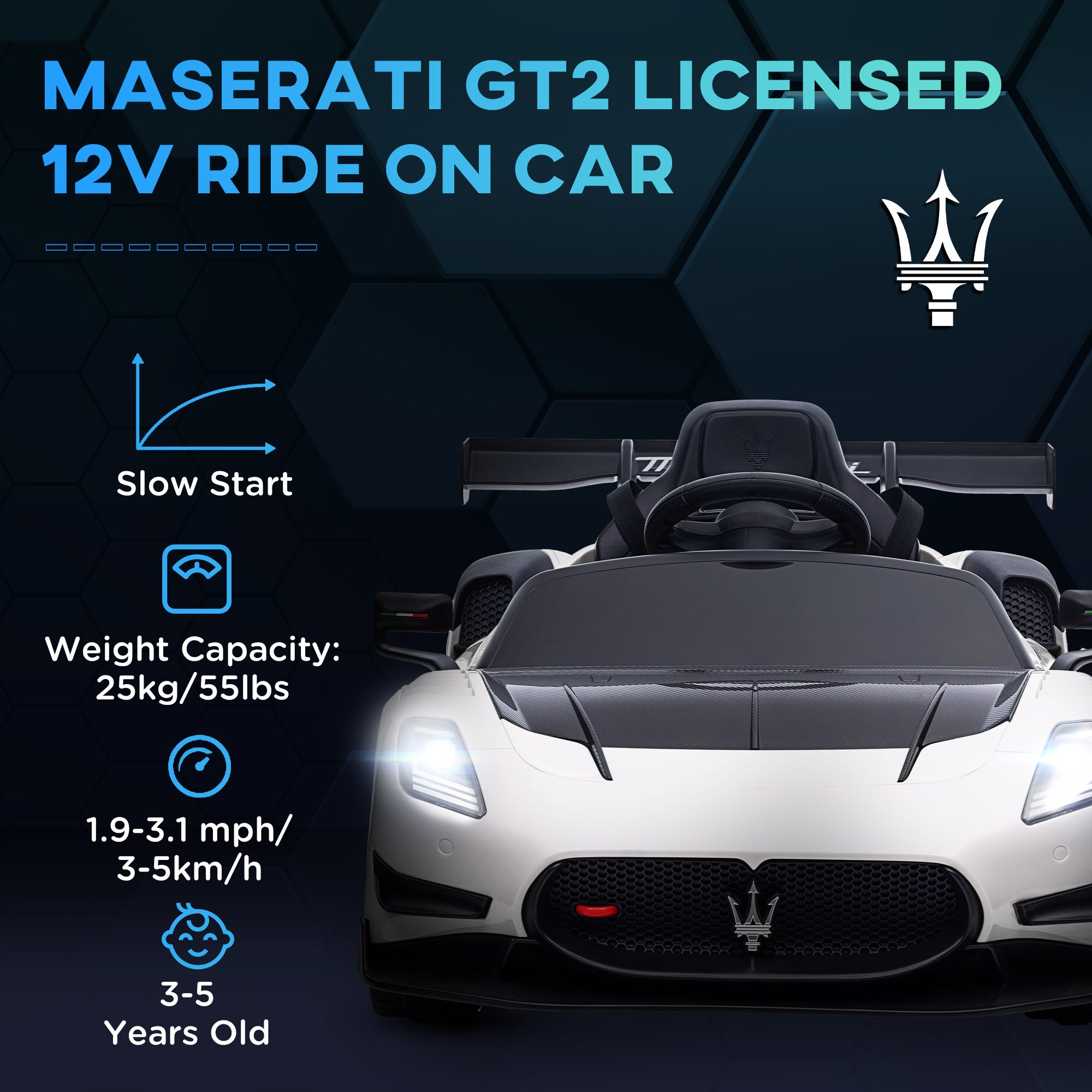 Maserati GT2 Licensed 12V Kids Electric Ride on Car with 4 Suspension, Remote Control Music Horn Lights - White