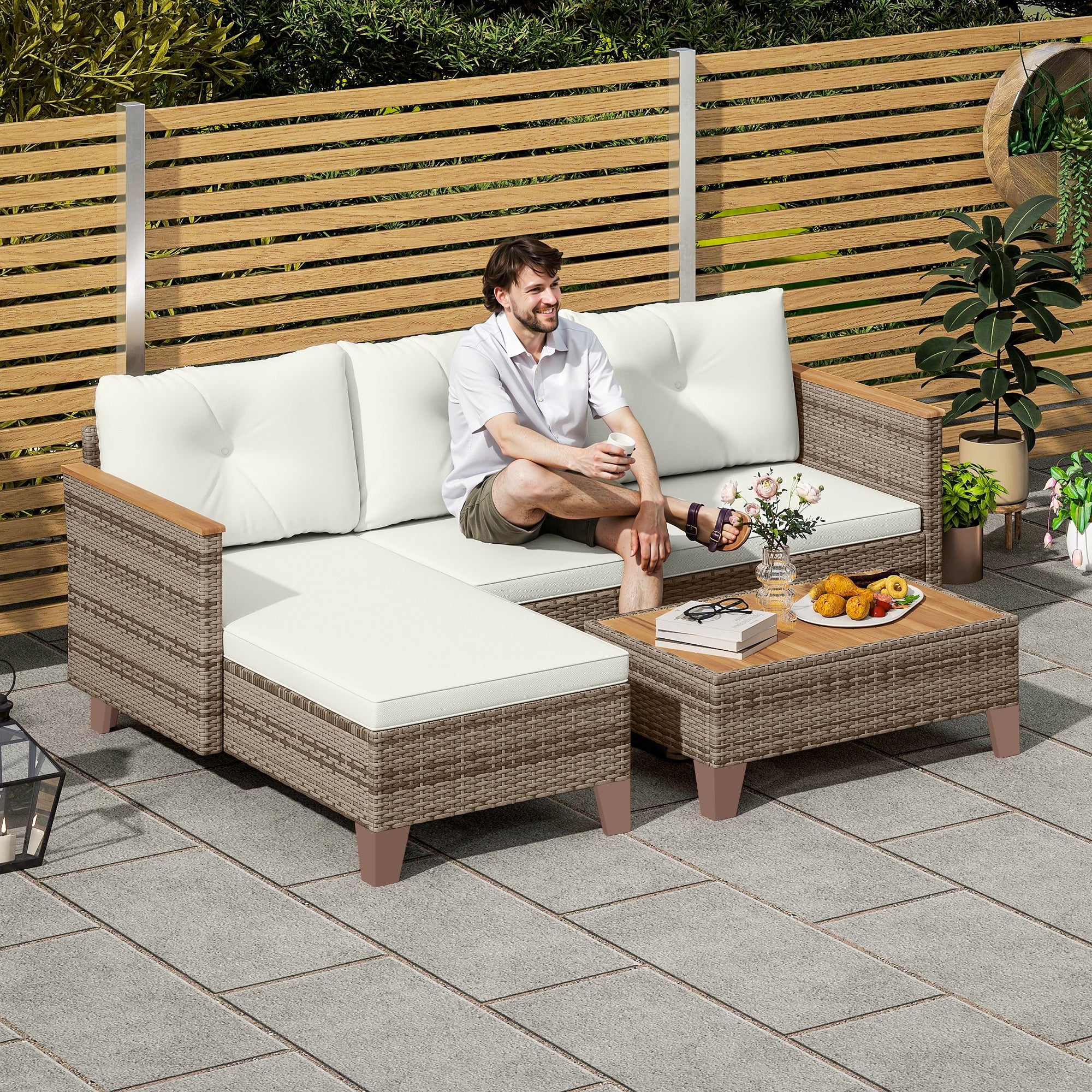 3 Pieces Rattan Garden Furniture Set, L Shaped Garden Conversation Chaise Lounge Furniture with Wood Top Coffee Table and Thick Cushions, Cream
