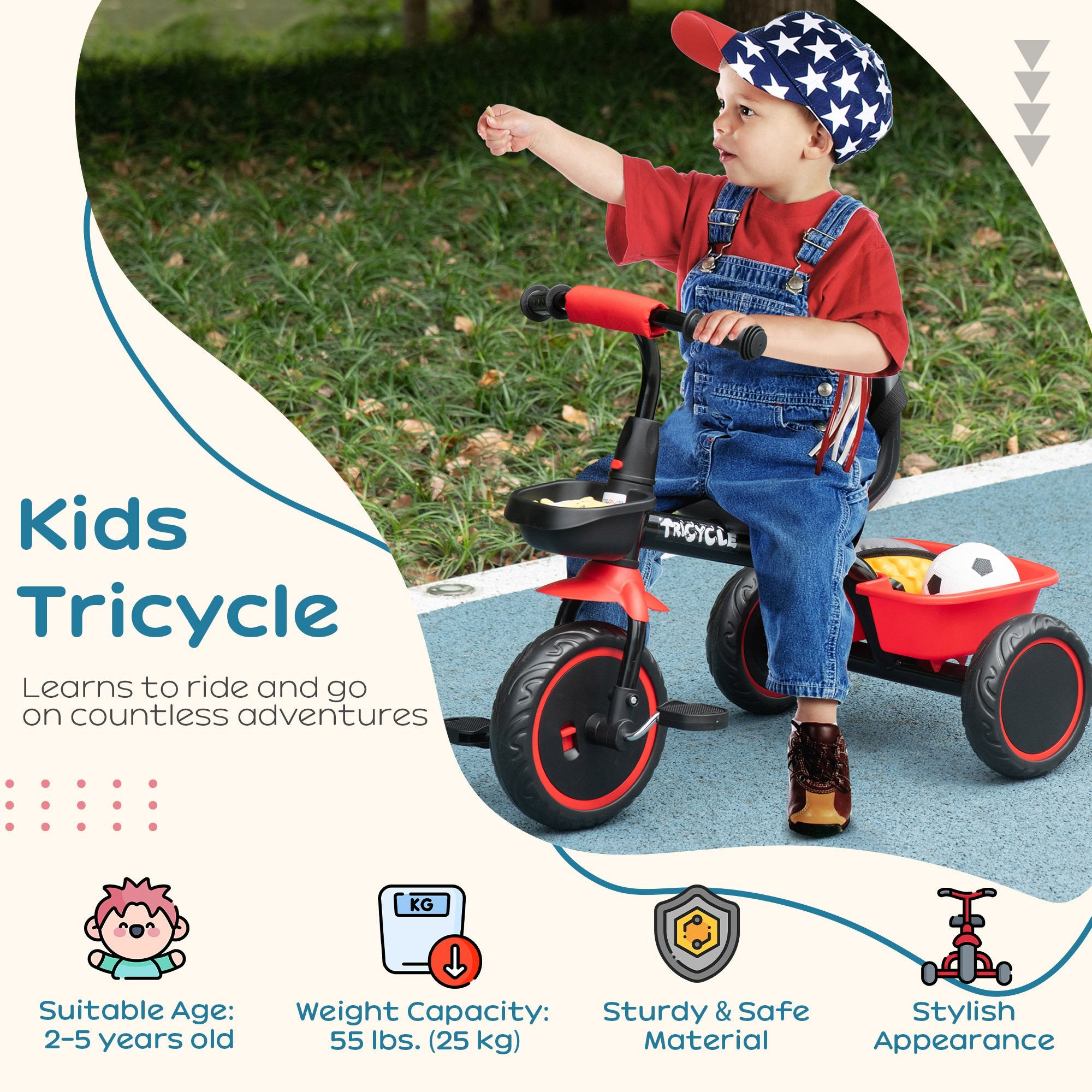 Kids Trike for 2-5 Years with Adjustable Seat, Pedal, Baskets, Red