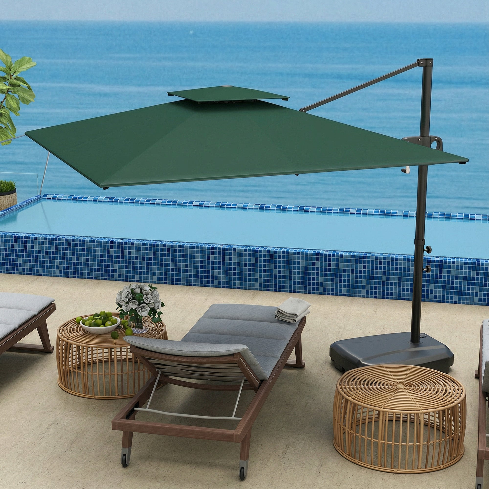 Cantilever Parasol with Weighted Base Double Top Garden Parasol Square Hanging Patio Umbrella with Crank Tilt Dark Green