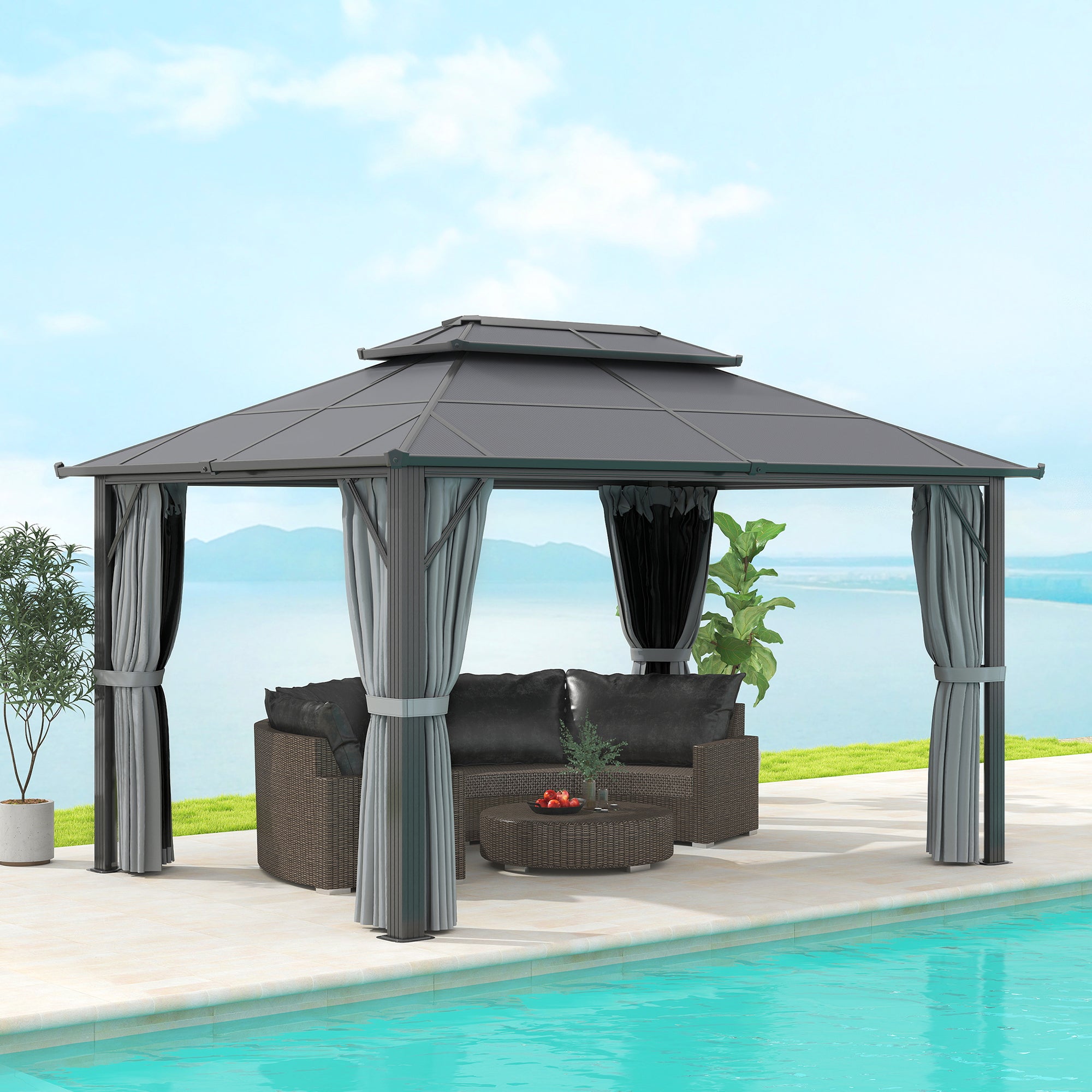 3x4m Hardtop Garden Gazebo with UPF30+ Double Polycarbonate Roof, Aluminium Frame, Mosquito Net & Curtains - Grey