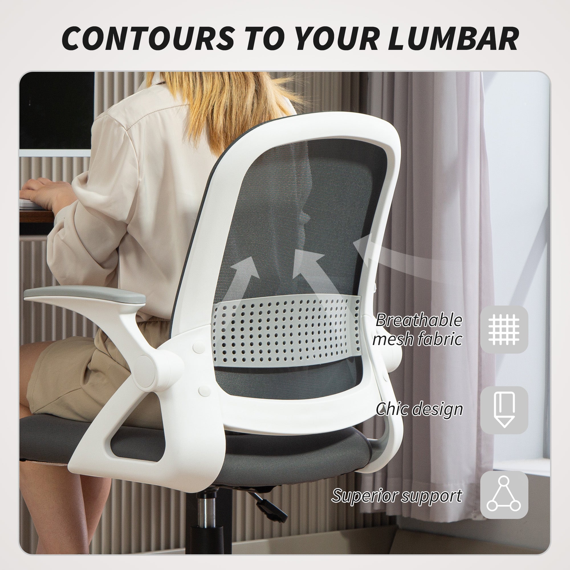 Breathable Mesh Office Chair, Ergonomic Swivel Computer Chair with Flip-up Armrests, Lumbar Back Support for Home/Office, Grey