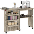 Folding Sewing Table with Drop Leaf, Storage Bins, Open Shelf & Wheels for Small Space - Grey