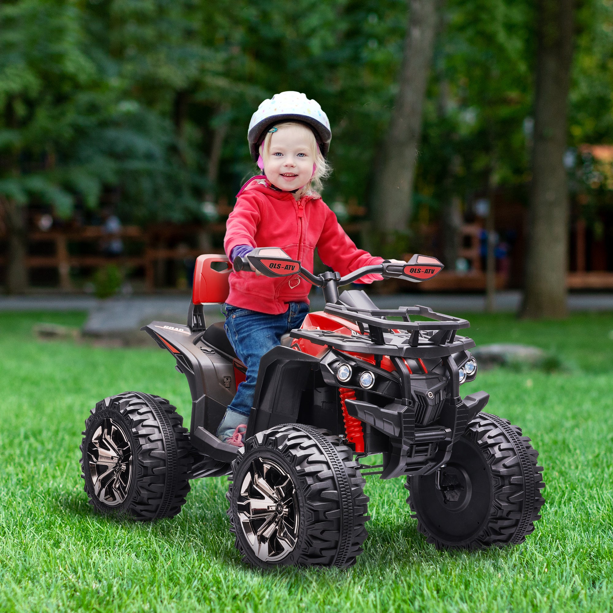 12V Quad Bike ATV with LED Lights, Music, Backrest, Forward, Backward, Red