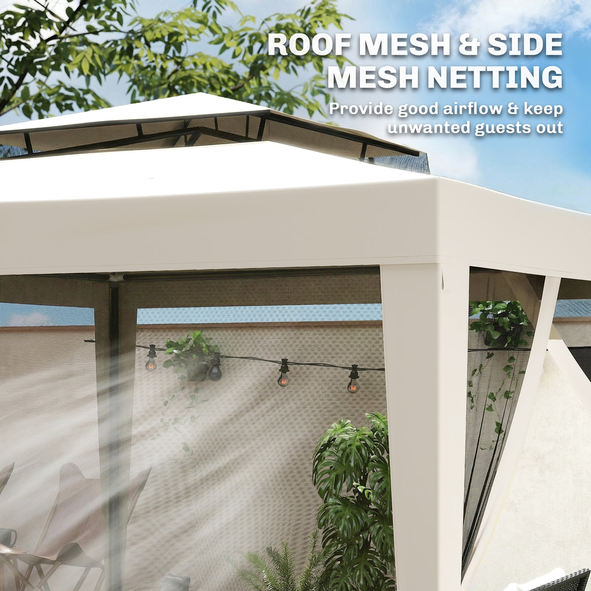 3 x 3 m Gazebo, Netting Party Tent, Patio Canopy Outdoor Event Shelter with Double Tier Roof, Cream White