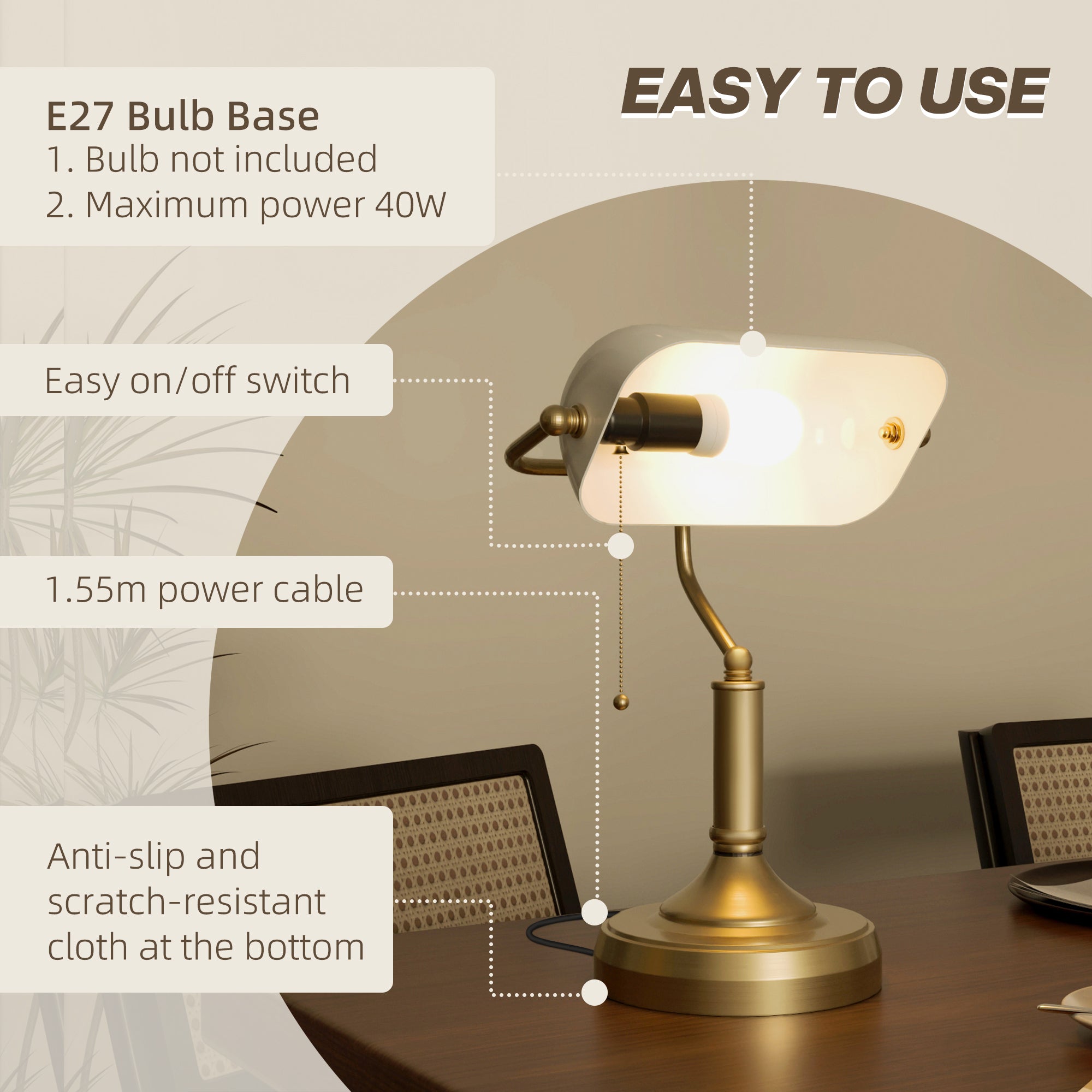 Banker's Desk Lamp with Antique Bronze Tone Base, Table Lamp with White Glass Shade for Home Office, White