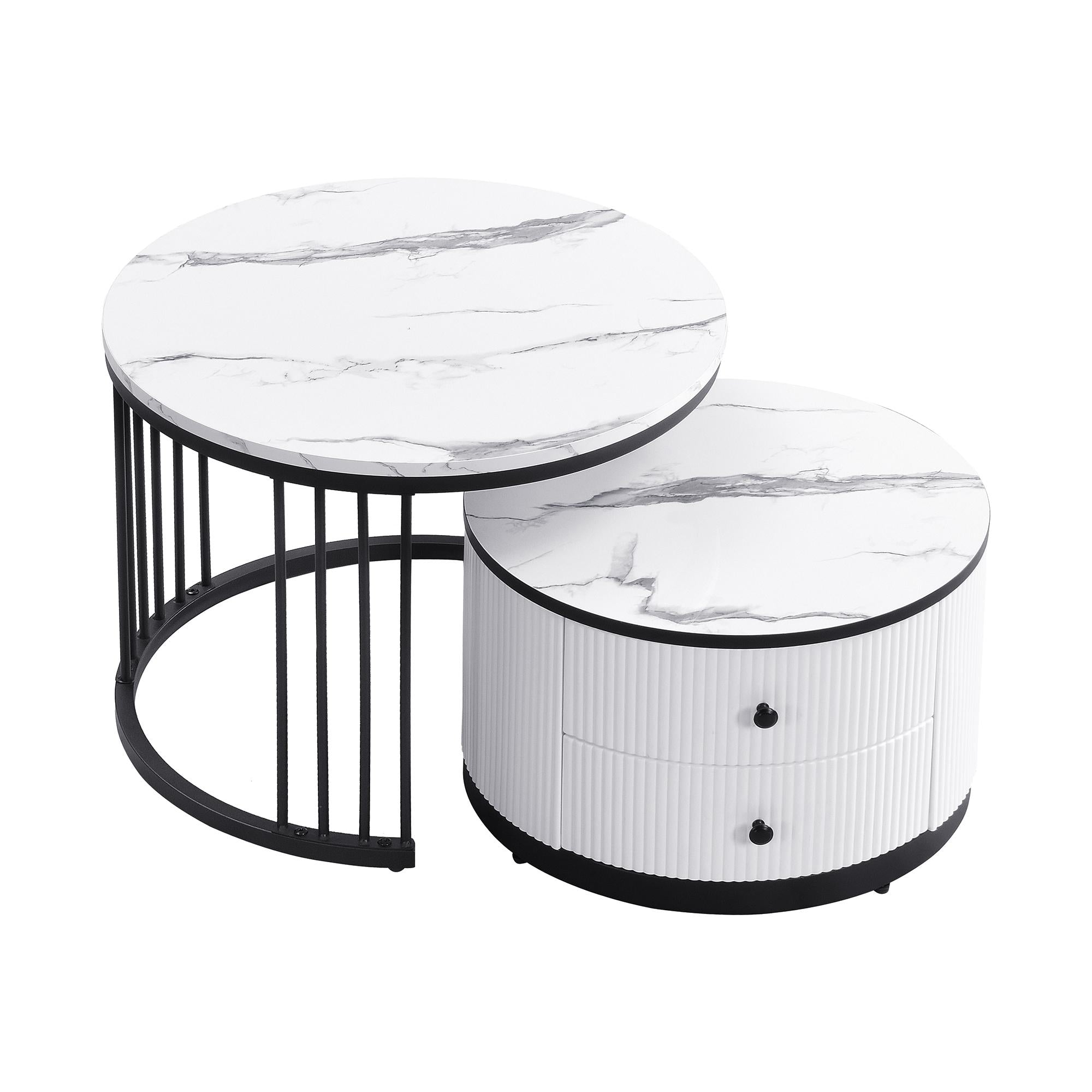High Gloss Round Nesting Coffee Table Set with Marble Pattern Top and Storage Drawers, Modern Centre Table for Living Room, White+Black