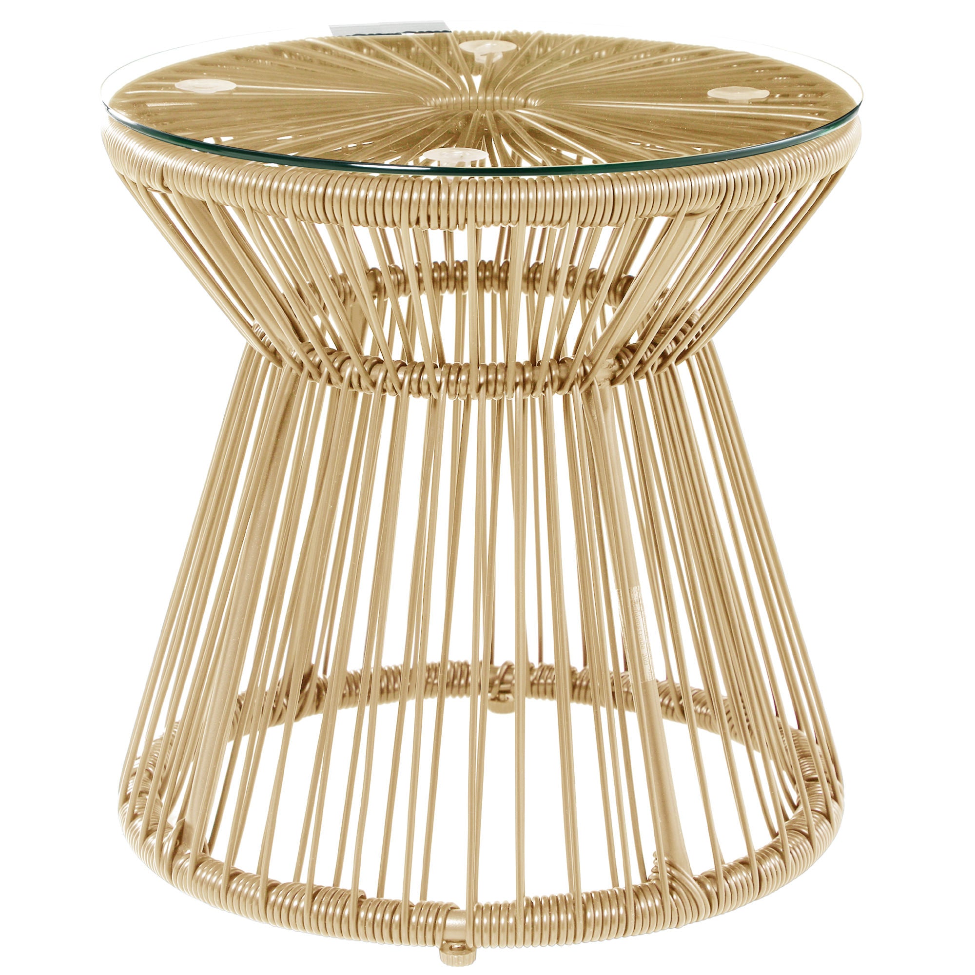 Round End Table, Rattan Side Table, Hollow Drum Design Coffee Table w/ Glass Tabletop for Patio, Garden, Balcony Natural