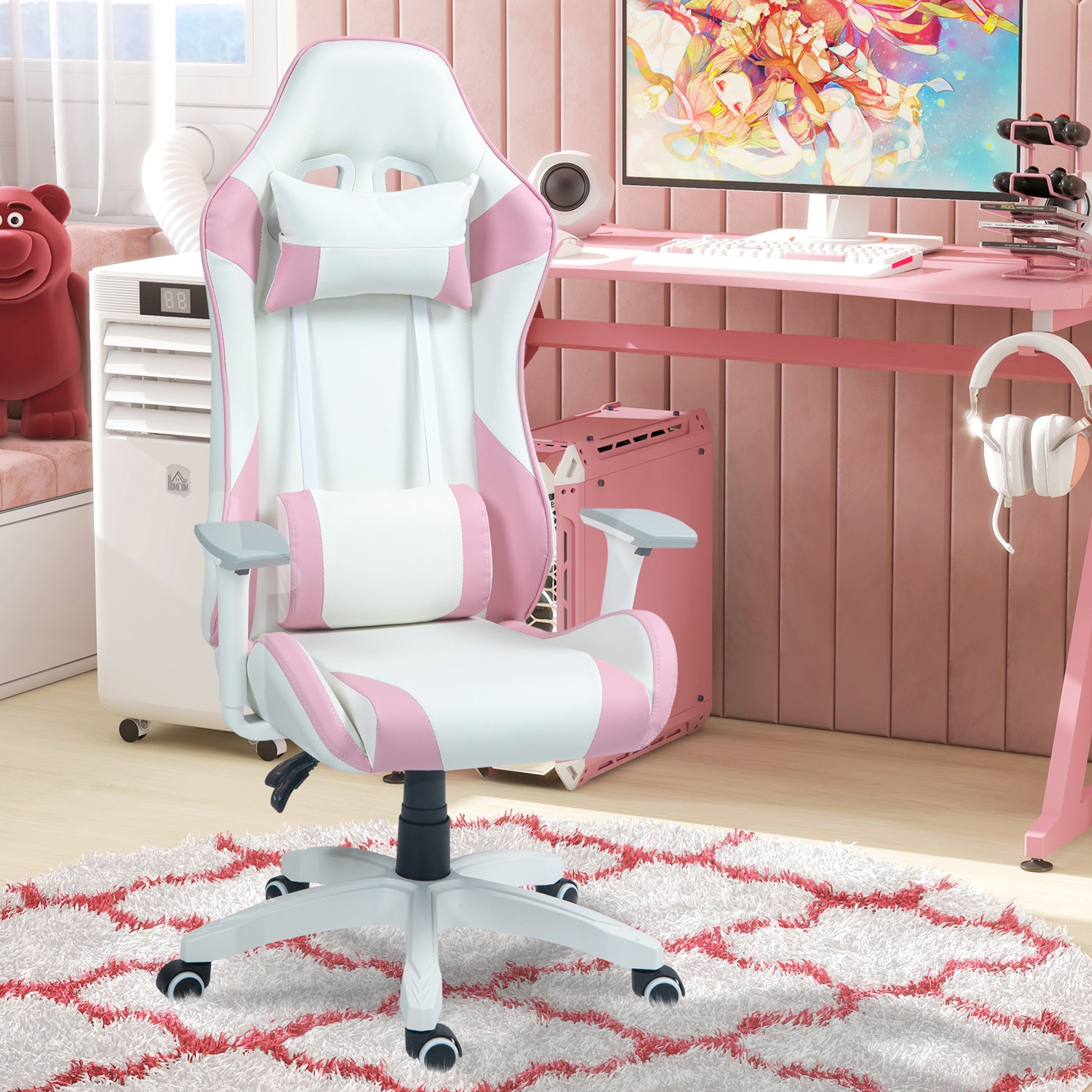 Faux Leather Colour Block Gaming Chair, with 135° Reclining Back - Pink/White