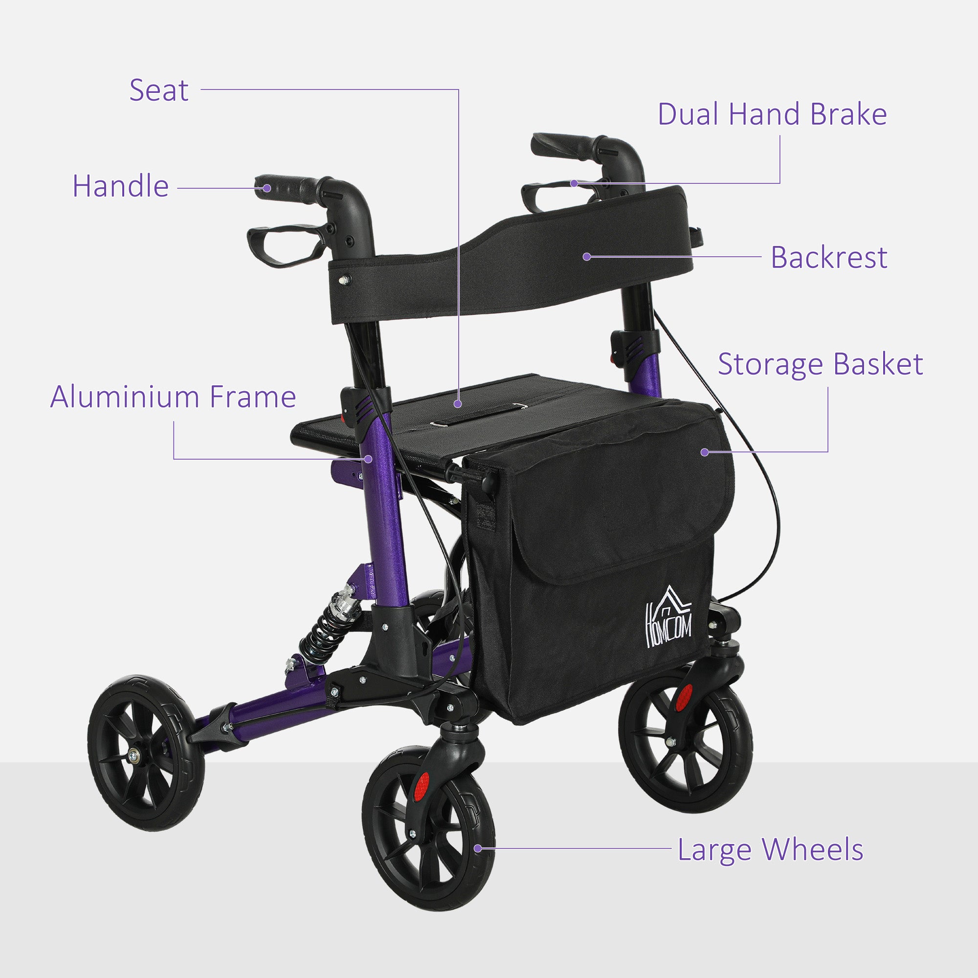 Folding Rollator Walker with Seat, Backrest, Lightweight Walking Frame with Storage Bag, Dual Brakes, Adjustable Handle Height, Suspension System, 4 Wheeled Walker for Seniors, Purple