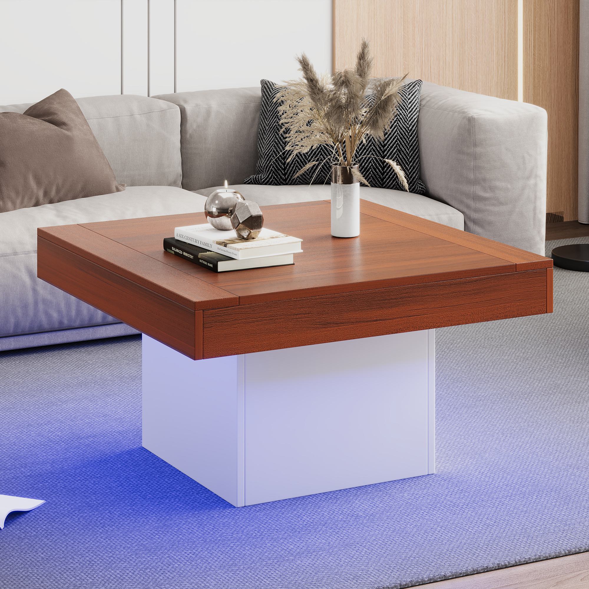 Square Coffee Table with LED Lights, Rustic Industrial Design, Particle Board, 70L x 70W x 40H cm, Brown+White