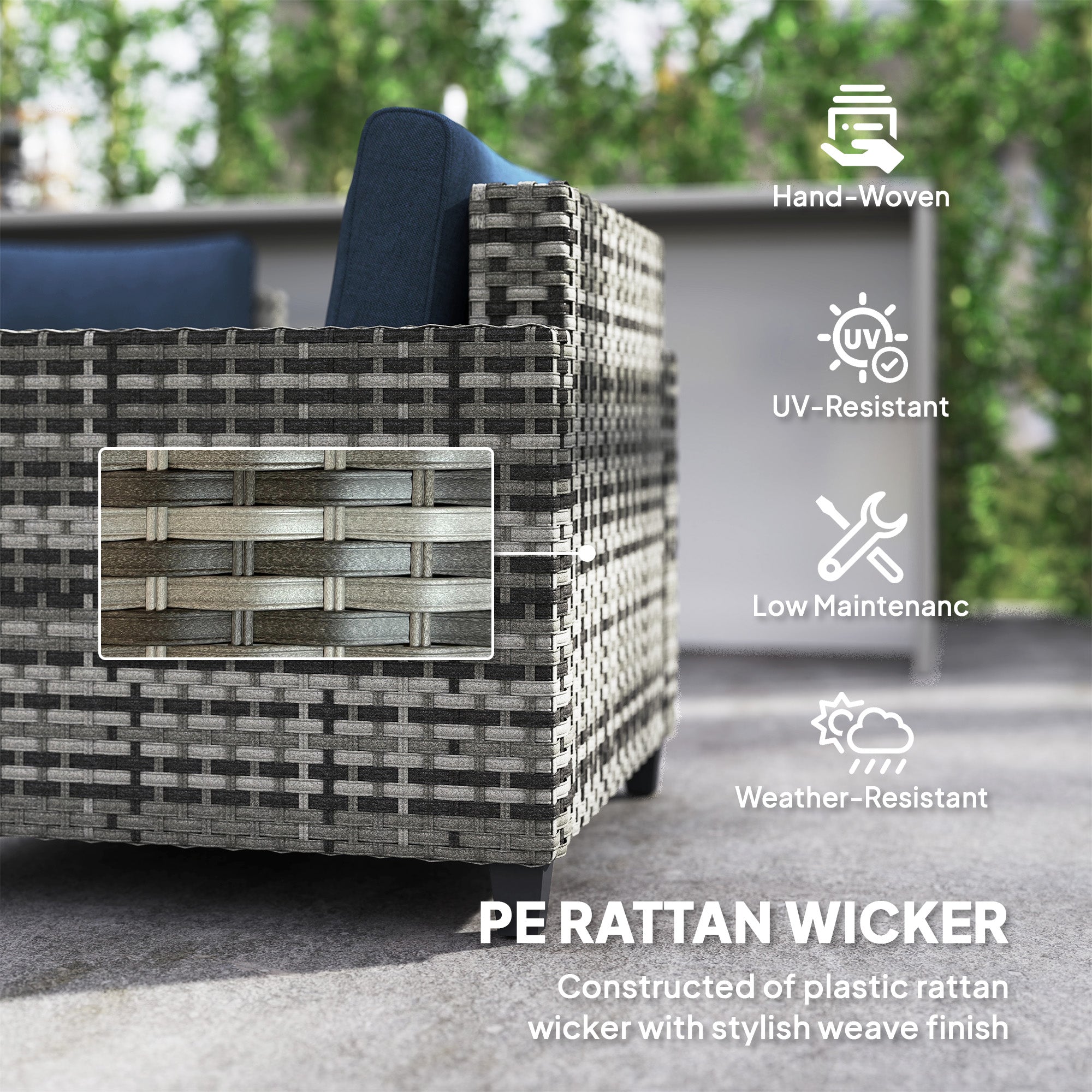 6 Piece Rattan Garden Furniture Set with Cushions and Steel Frame Coffee Table Navy Blue