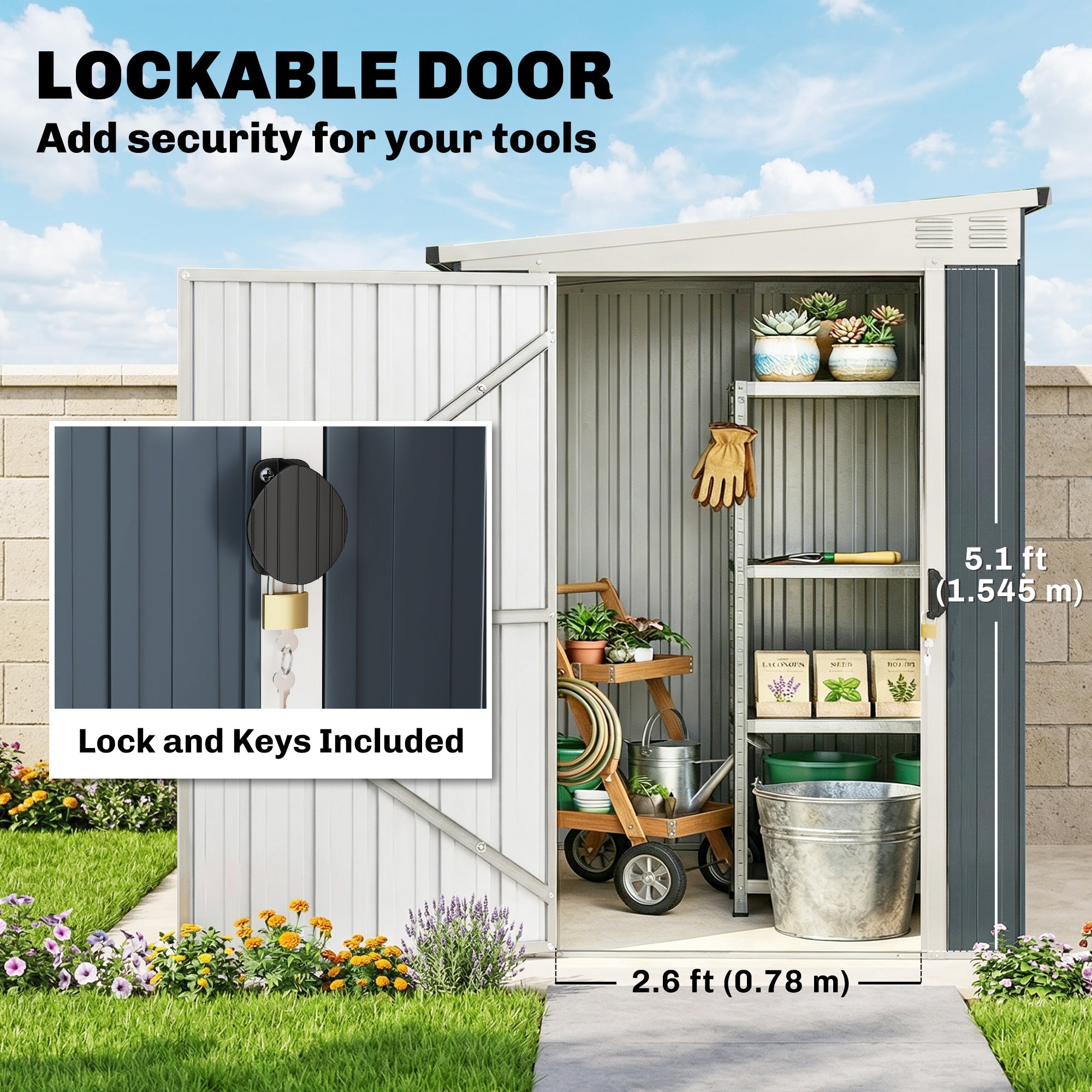 7.6 x 4ft Garden Metal Shed, Outdoor Storage Shed with Window, 2 Vents and Lockable Door for Garden, Patio, Dark Grey
