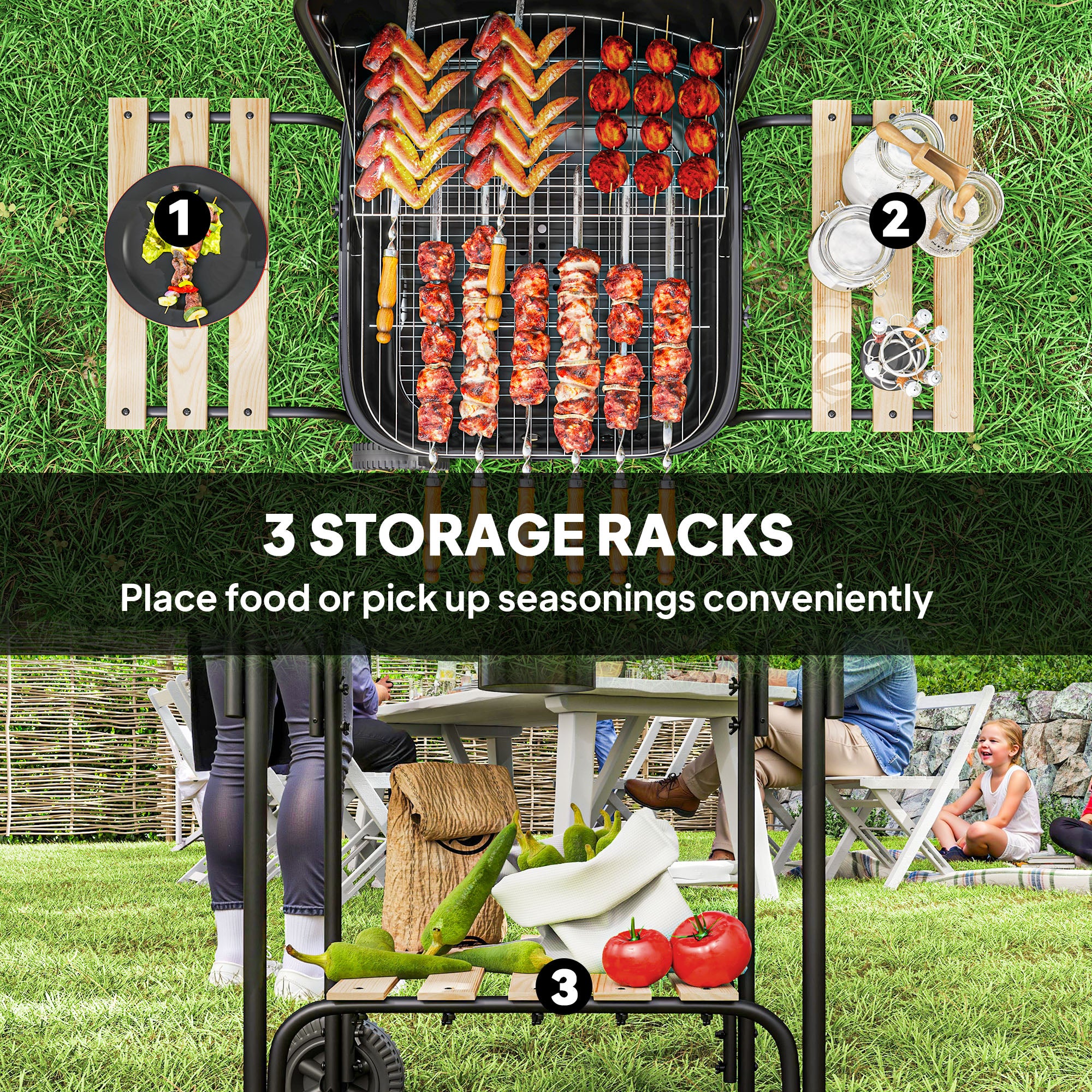 Charcoal Barbecue Grill Portable BBQ Grill with 1840 cm² Cooking Area, 3 Shelves, Adjustable Vent, Lockable Lid, Wheels for Outdoor Cooking, Garden Party, Black