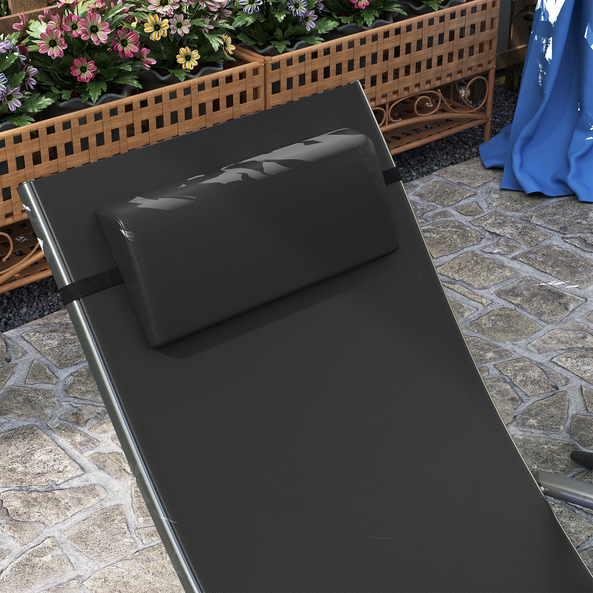 Set of 2 Adjustable Back Sun Loungers with Quick-Dry Mesh - Black