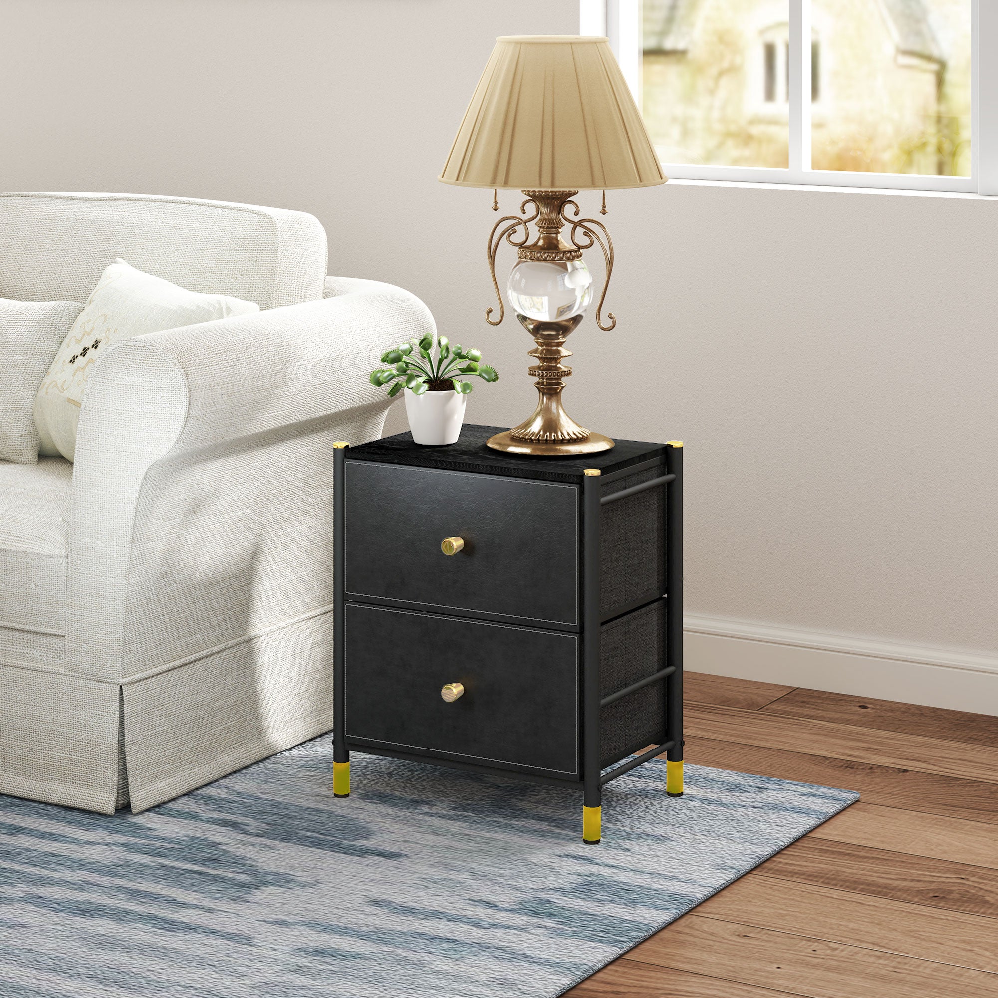Bedside Table, PU Leather Side Table with 2 Drawers, Bedside Cabinet with Steel Legs for Bedroom, Living Room, Black