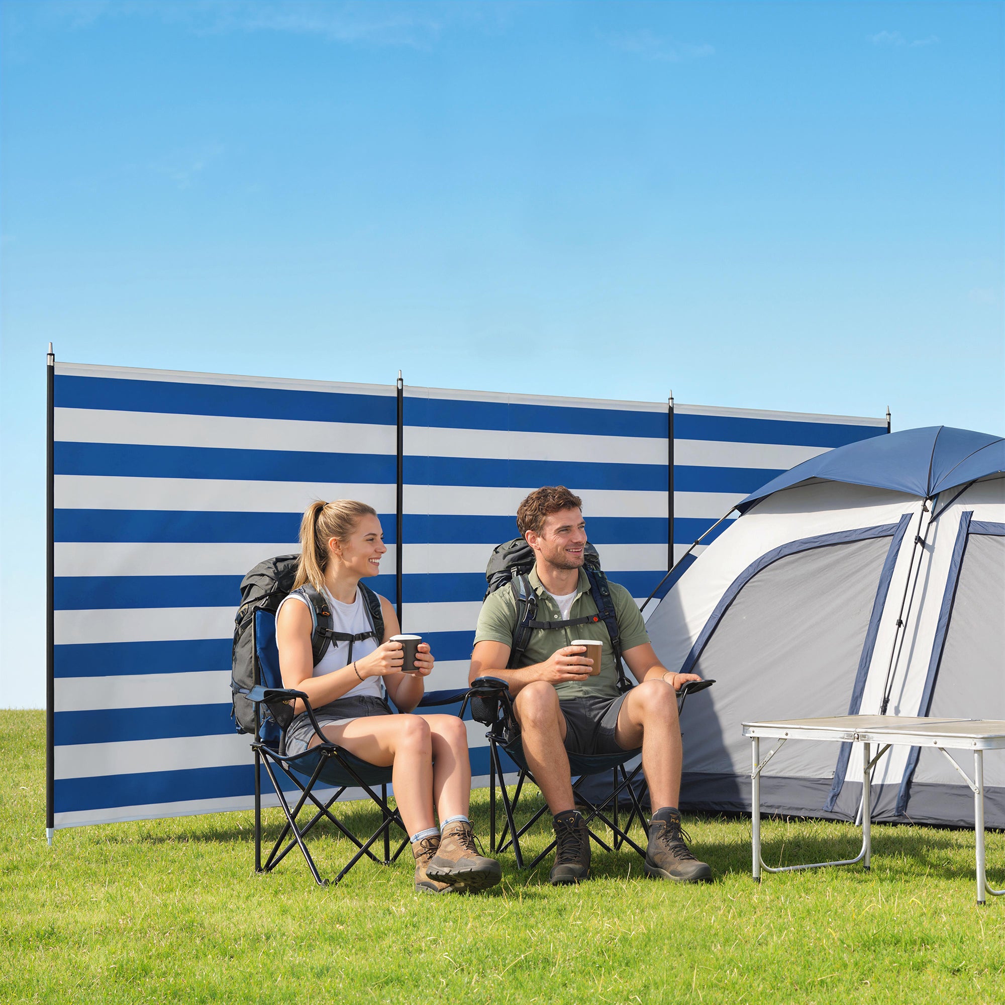 4 Pole Camping Windbreaks, Beach Wind Shield Shelter with Carry Bag and Steel Poles, 540cm x 150cm, Dark Blue