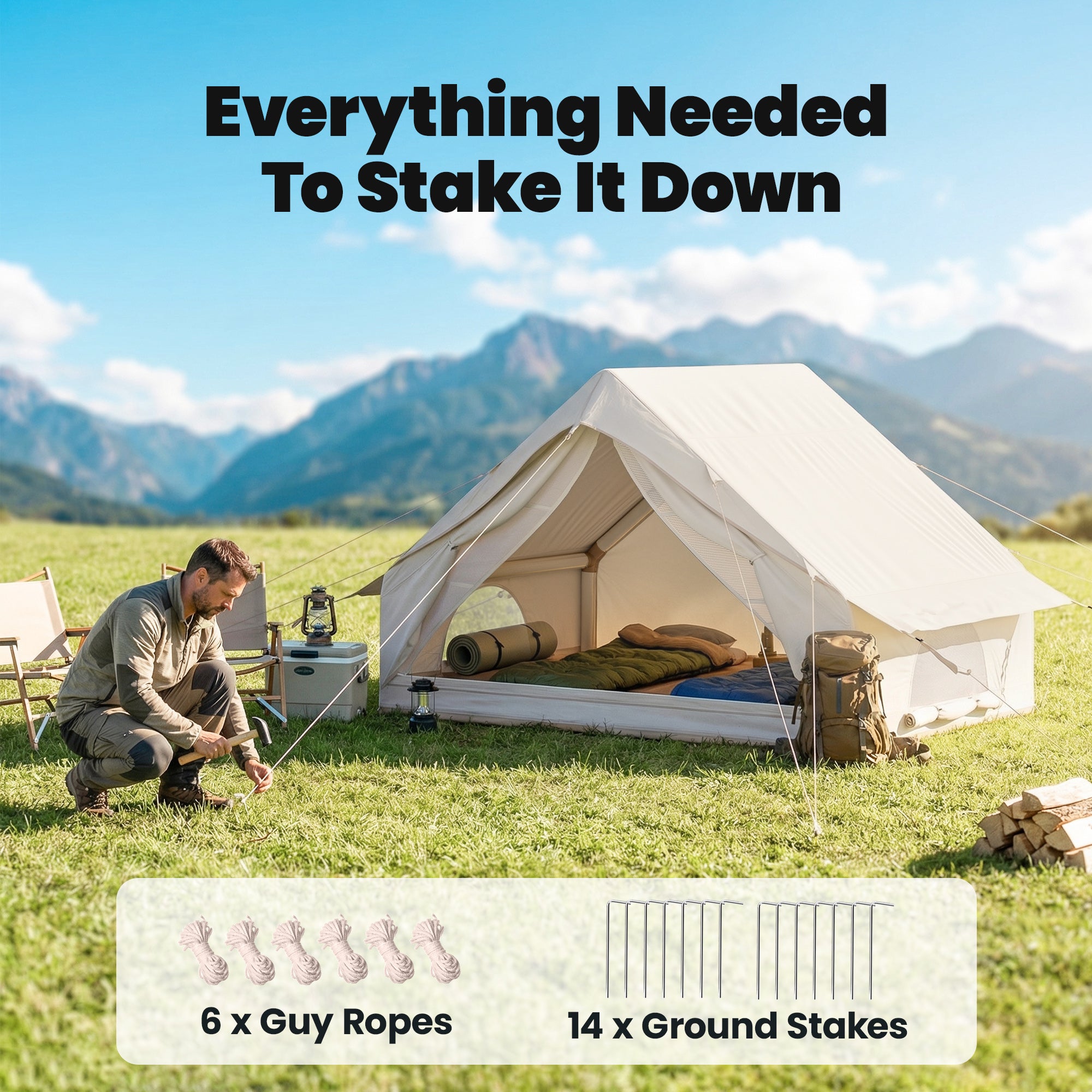 Inflatable Tent Waterproof for Camping Blow Up Tent with Pump Carry Bag for 2-4 Person, Beige