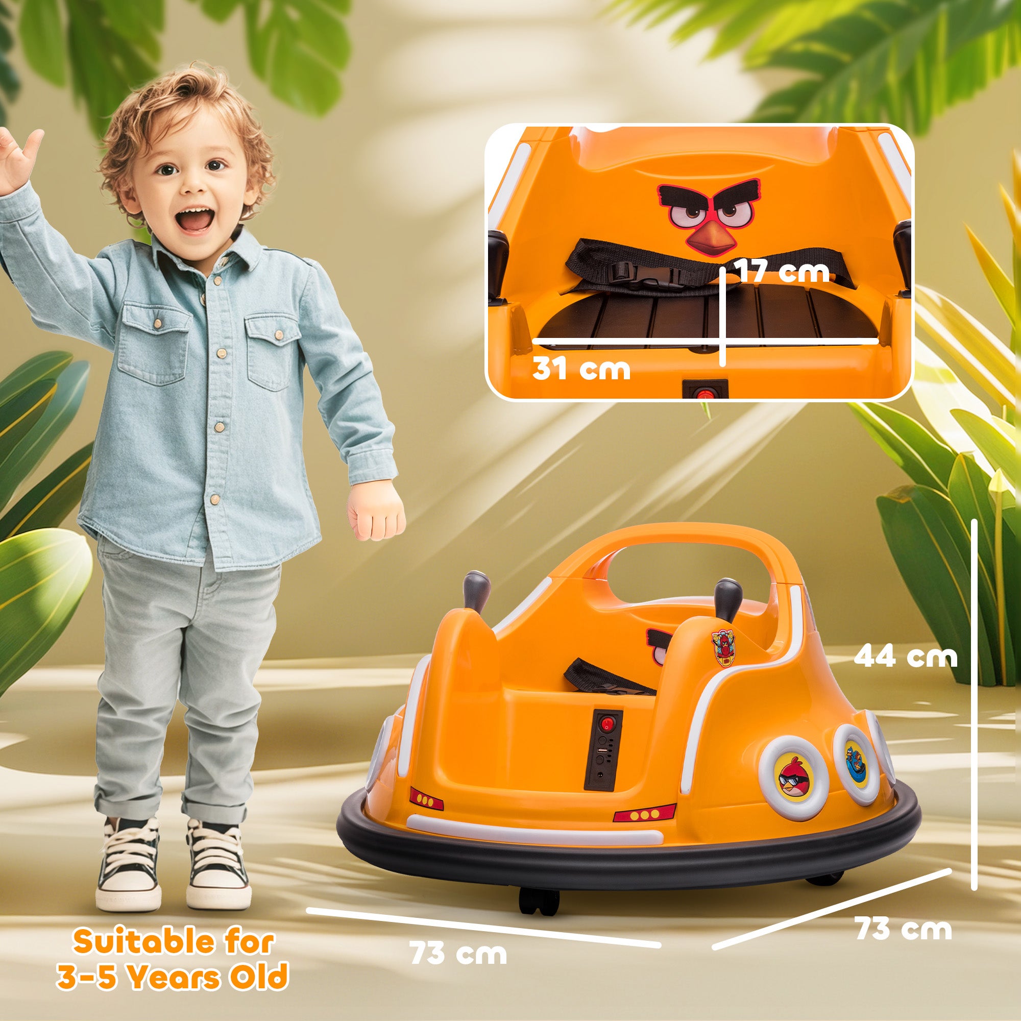 Angry Bird Licensed Waltzer Car, 12V Kids Bumper Car w/ Joysticks, Remote, Music LED Lights - Orange