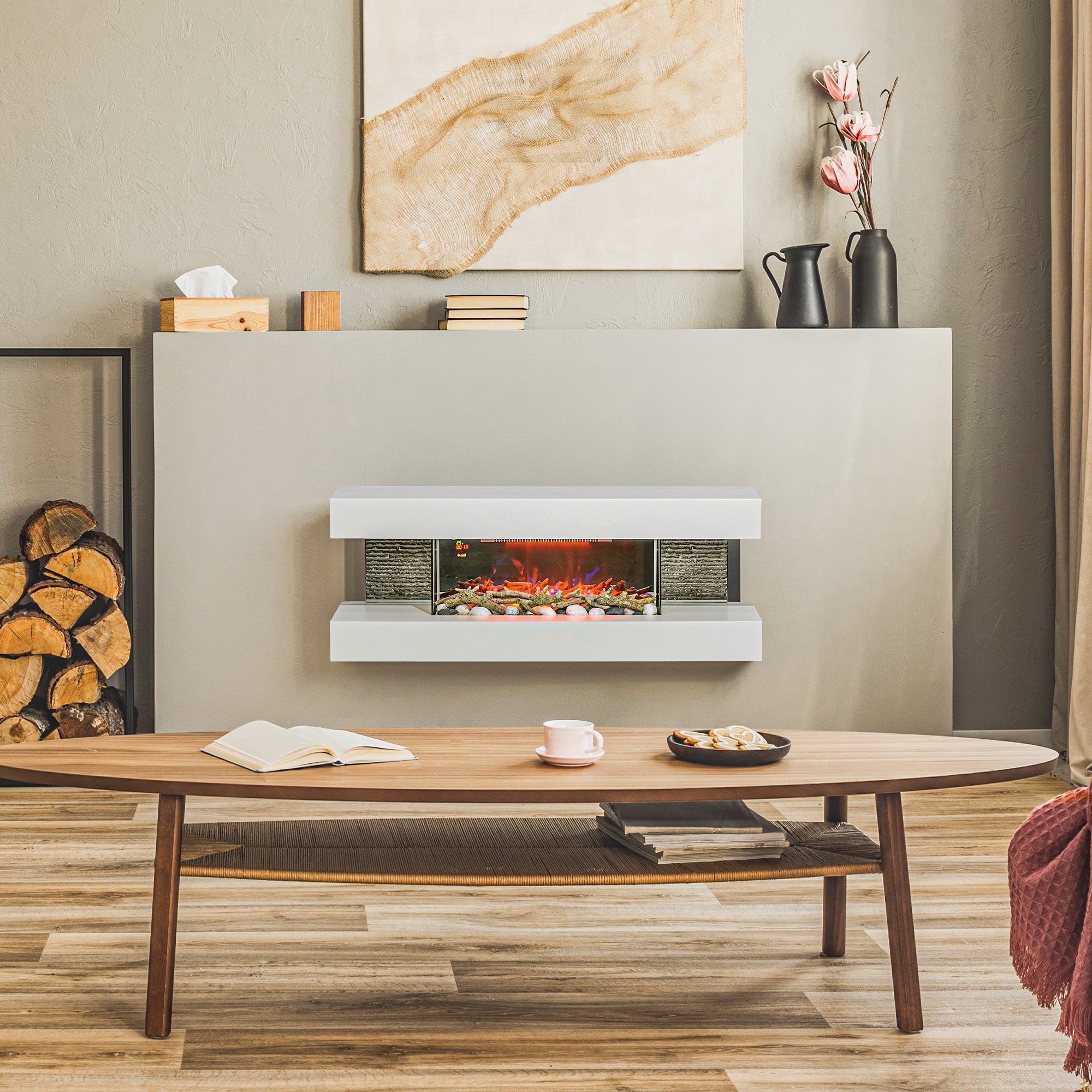 47inch / 120cm Electric Fireplace Wall Mounted, Freestanding, Glass Electric Fire Suite with Mantel, Adjustable LED Flame Effect, Log, Pebble, Remote Control, 2000W, White