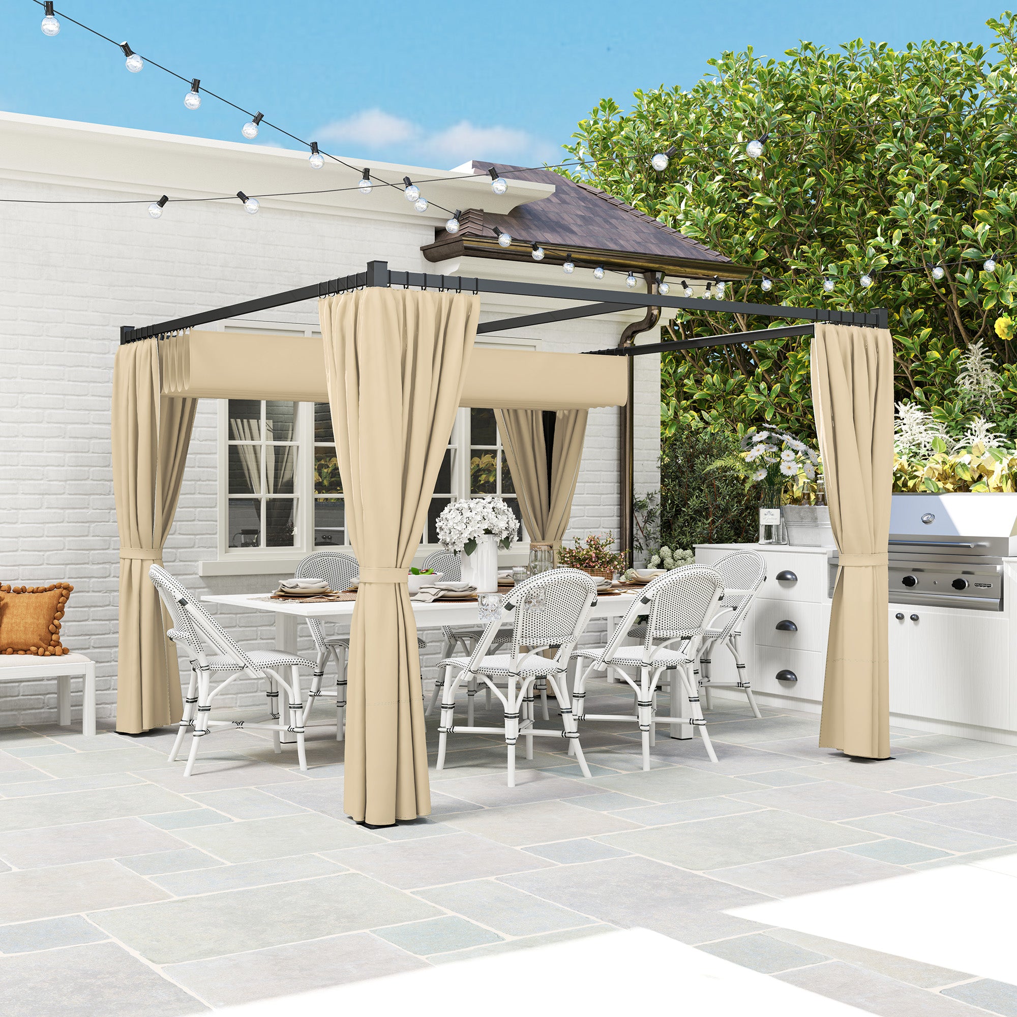 3 x 3m Retractable Roof Pergola with Curtains and Metal Frame - Khaki