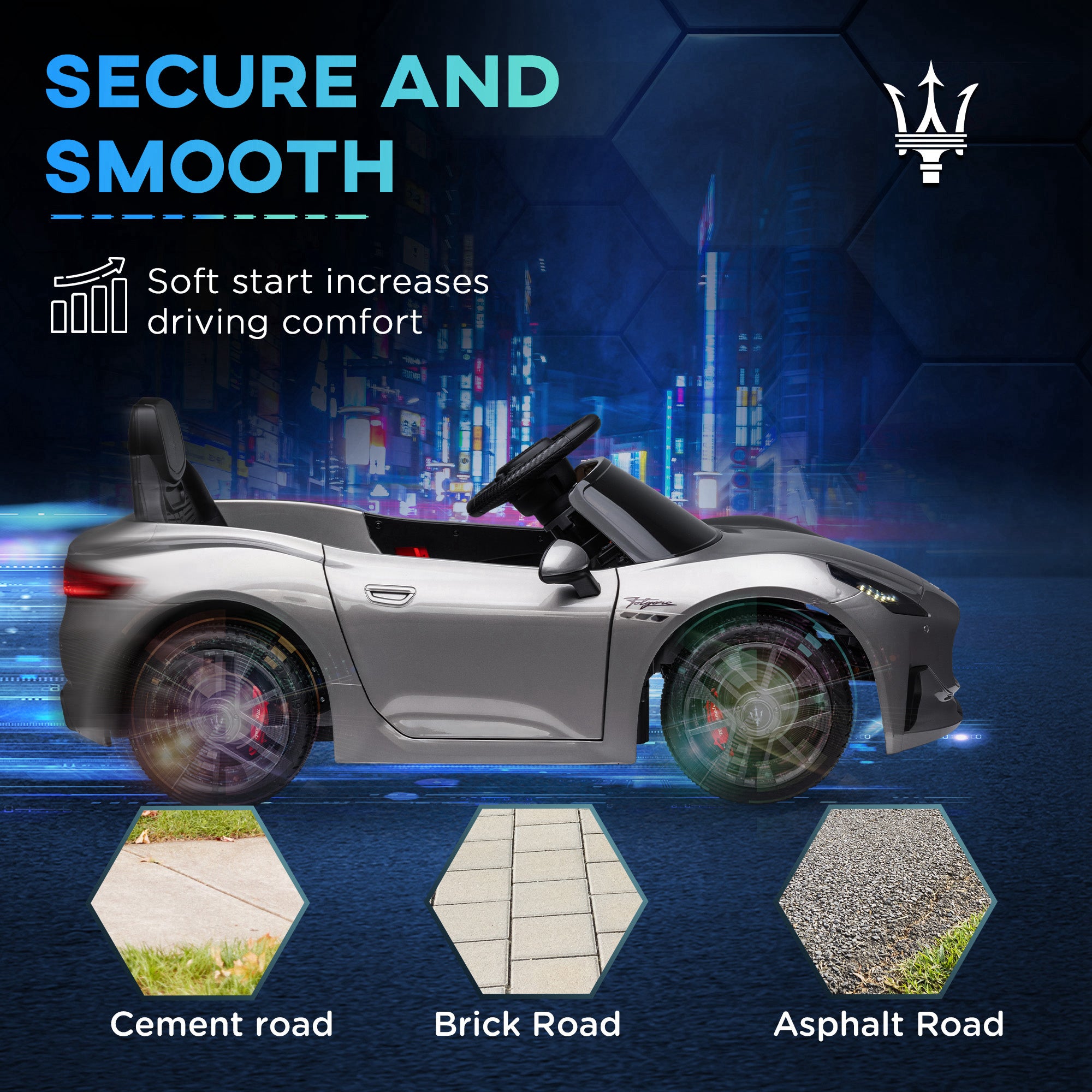 12V Maserati Gran Turismo Folgore Lincesed Kids Electric Car with Remote Control, Soft Start, Grey