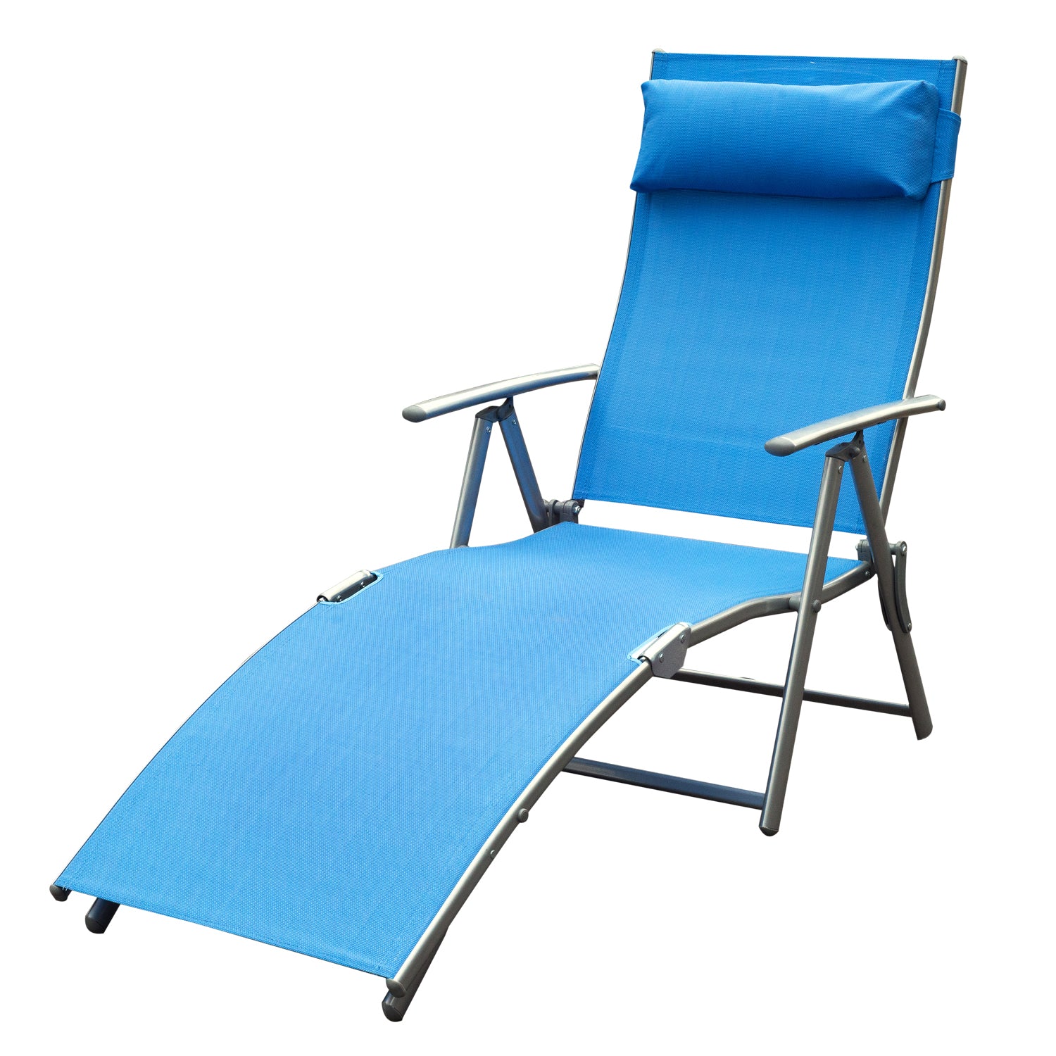 Sun Lounger Steel Frame Outdoor Folding Chaise Texteline Lounge Chair Recliner with Headrest & 7 Levels Adjustable Backrest, Blue