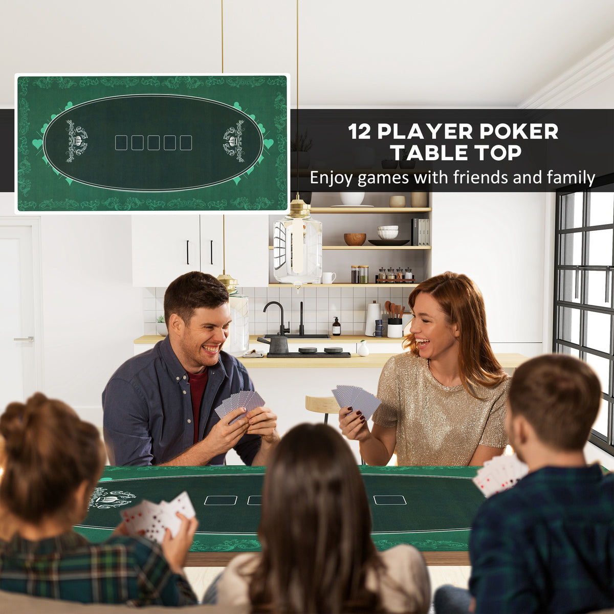 Professional Texas Hold'em Poker Table Mat 239.3 x 115.5 cm 12 Player Water-Resistant with Carry Bag - Green