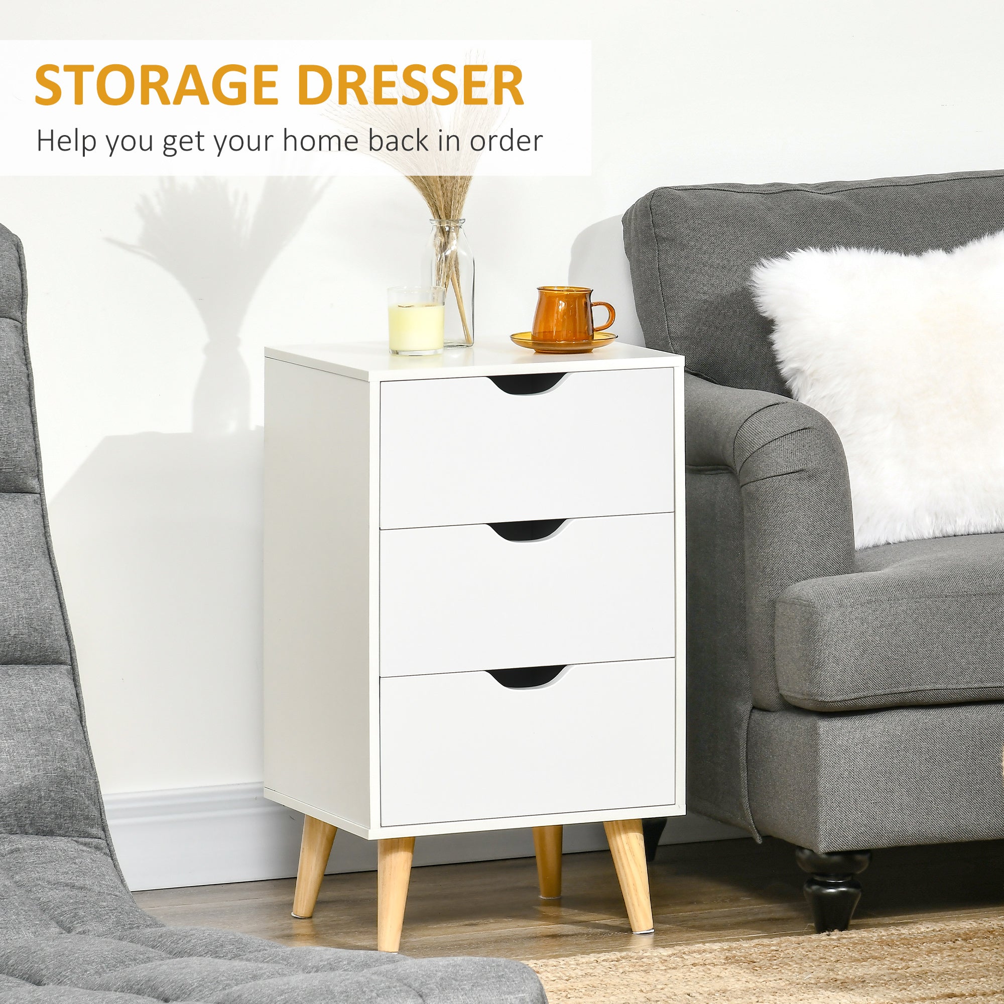 Set of 2 Bedside Tables, Modern Nightstand Side End Table with 3 Storage Drawers and Solid Pine Wood Legs for Bedroom Living Room Entryway, White