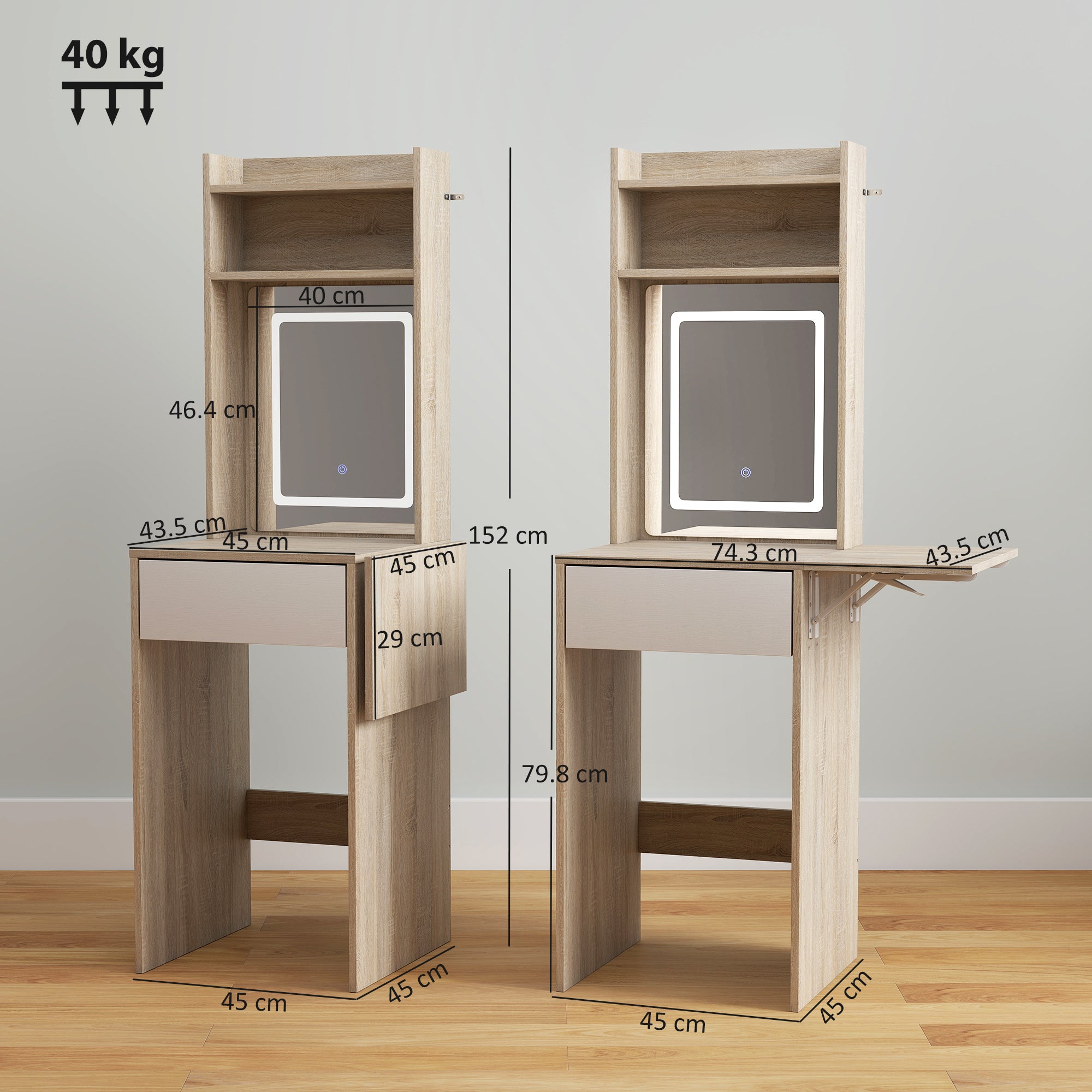Small Vanity Desk with Mirror and LED Lights, Compact Dressing Table with Drop Leaf, Open Shelves, Natural Wood