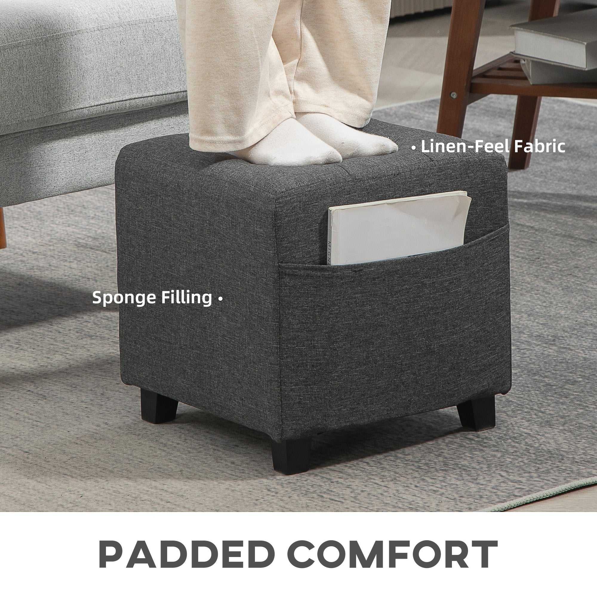 Square Small Ottoman Footstool with Side Pocket, Padded Linen Seat, Rubber Wood Legs, 35x35x35cm - Grey
