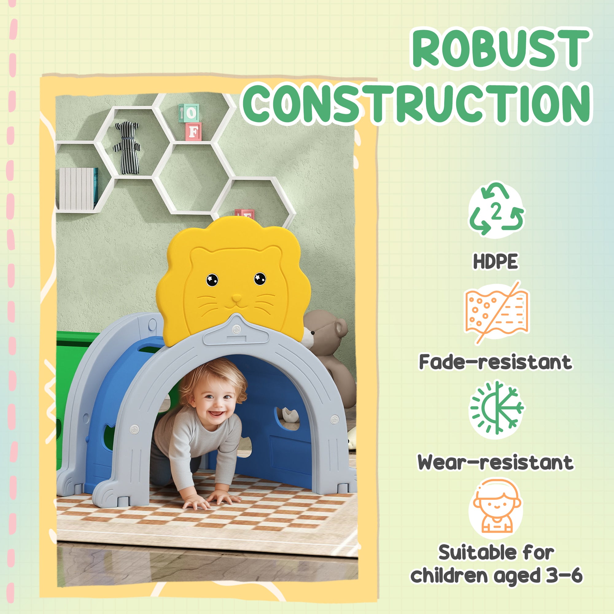 Kids Play Tunnel for 3-6 Years Crawl and Climb, Lion Design, Indoor & Outdoor