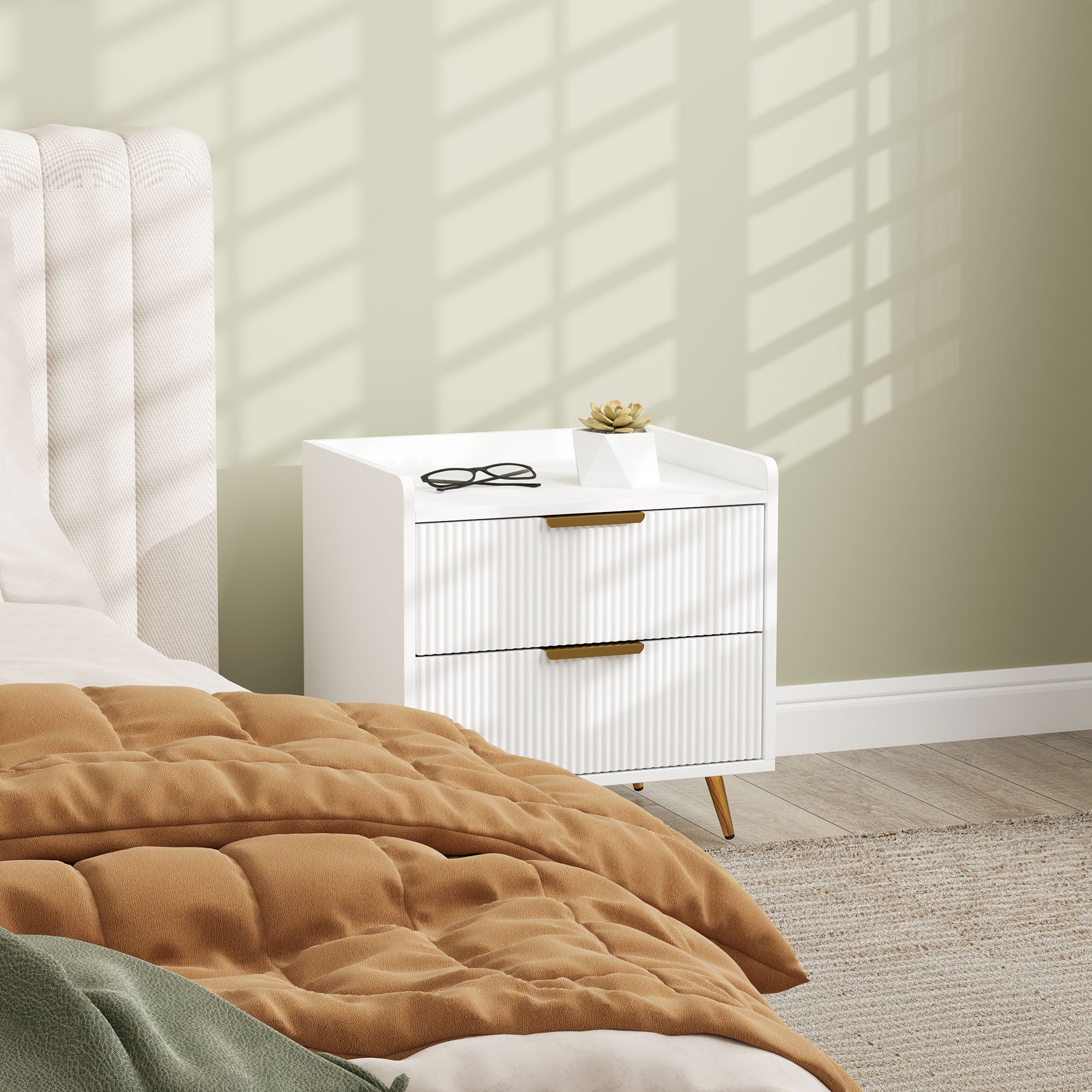 Elegant Two-Drawer Bedside Table with Gold Handles - White
