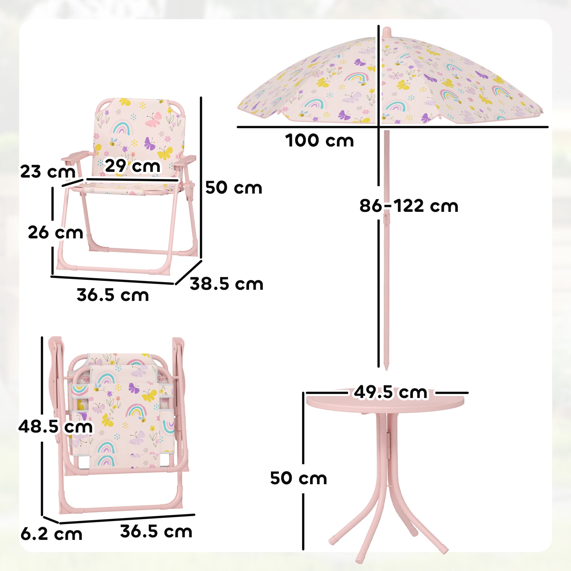 4 Pieces Kids Garden Table and Chair Set with Adjustable Parasol, Folding Chairs, Table, Rainbow Pattern, Pink