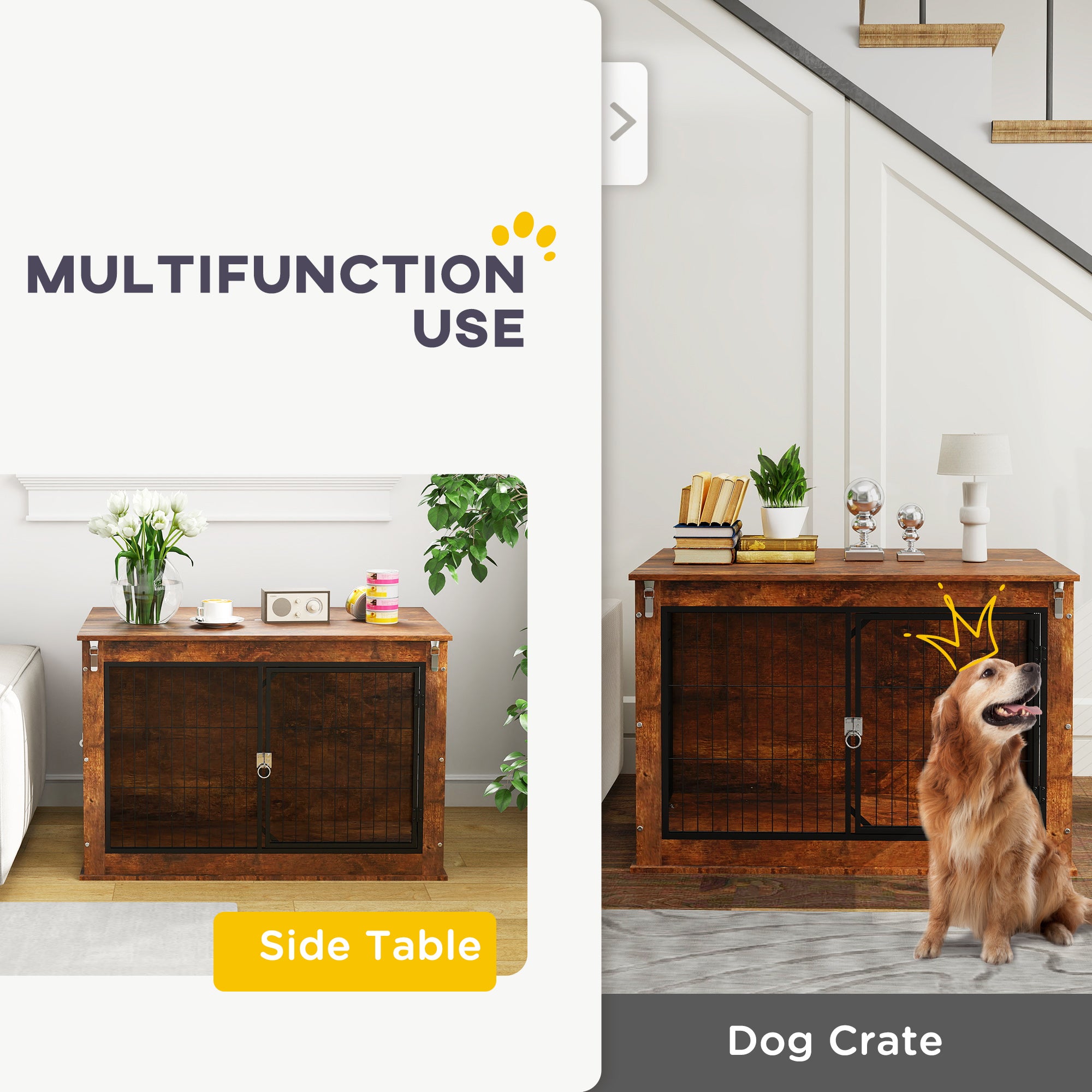 Dog Crate Furniture with Flip-up Top, 2 Doors, for Large Dogs, 98 x 60 x 65.5cm, Rustic Brown