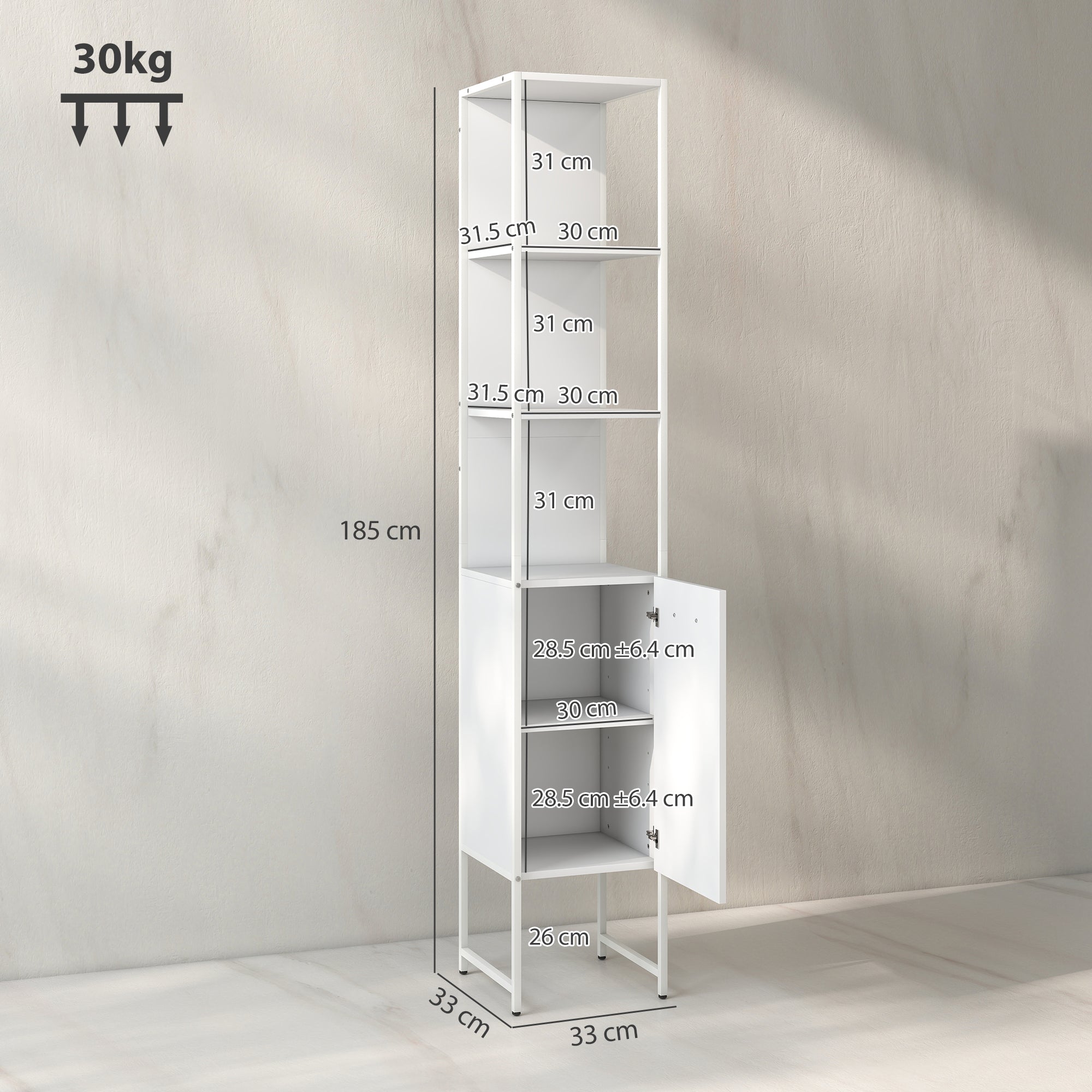 Tall Bathroom Cabinet with Open Shelves and Adjustable Shelf - White