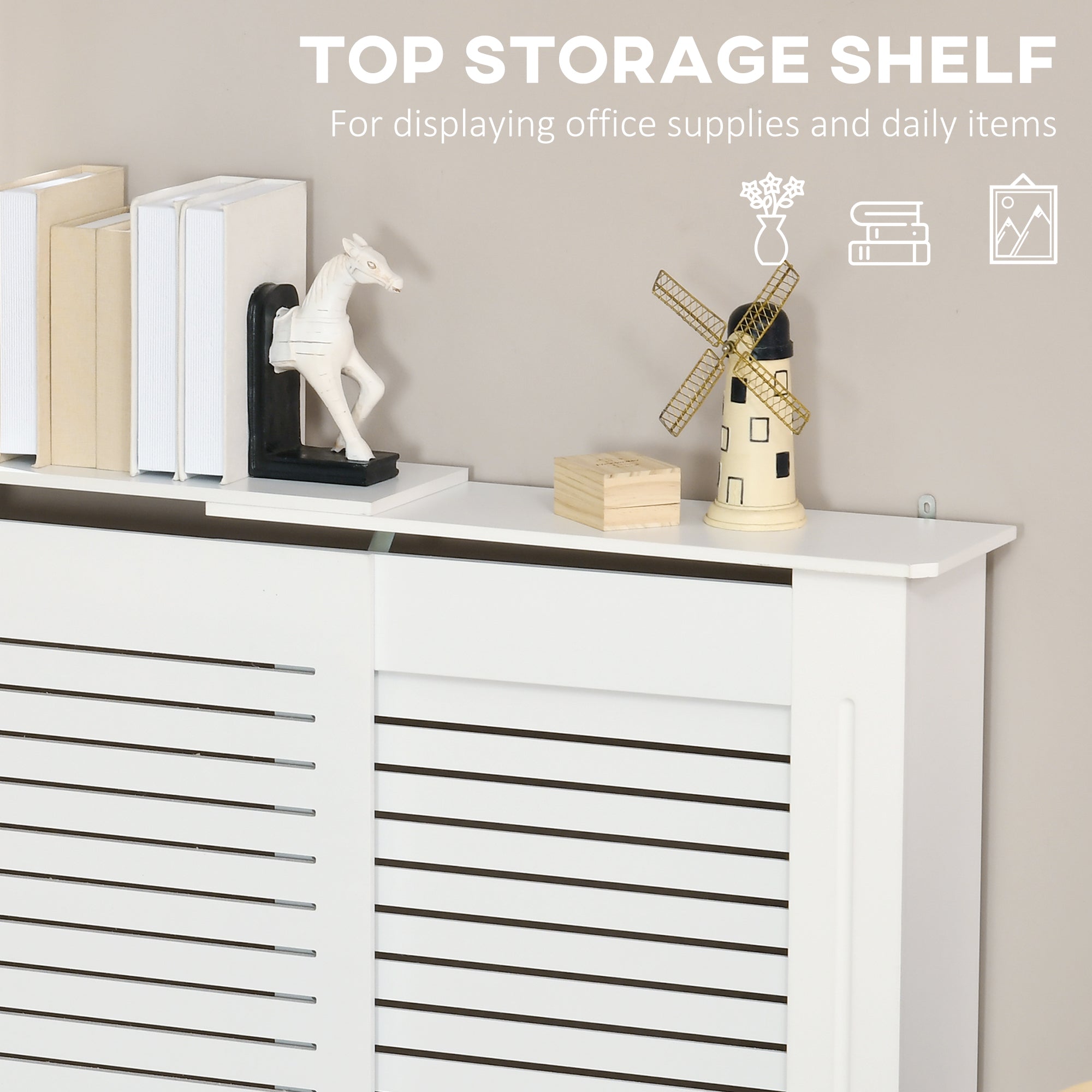 Set of 2 MDF Extendable Radiator Cover with Cabinet Shelving, Home Office Slatted Design, White 139-208.5L x 20.5W x 82.5H cm