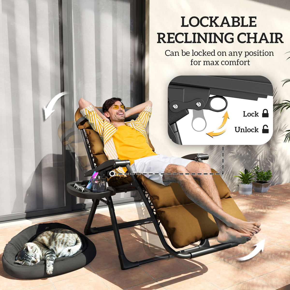 Set of 2 Reclining Sun Loungers with Cushions and Side Trays - Brown Steel Frame