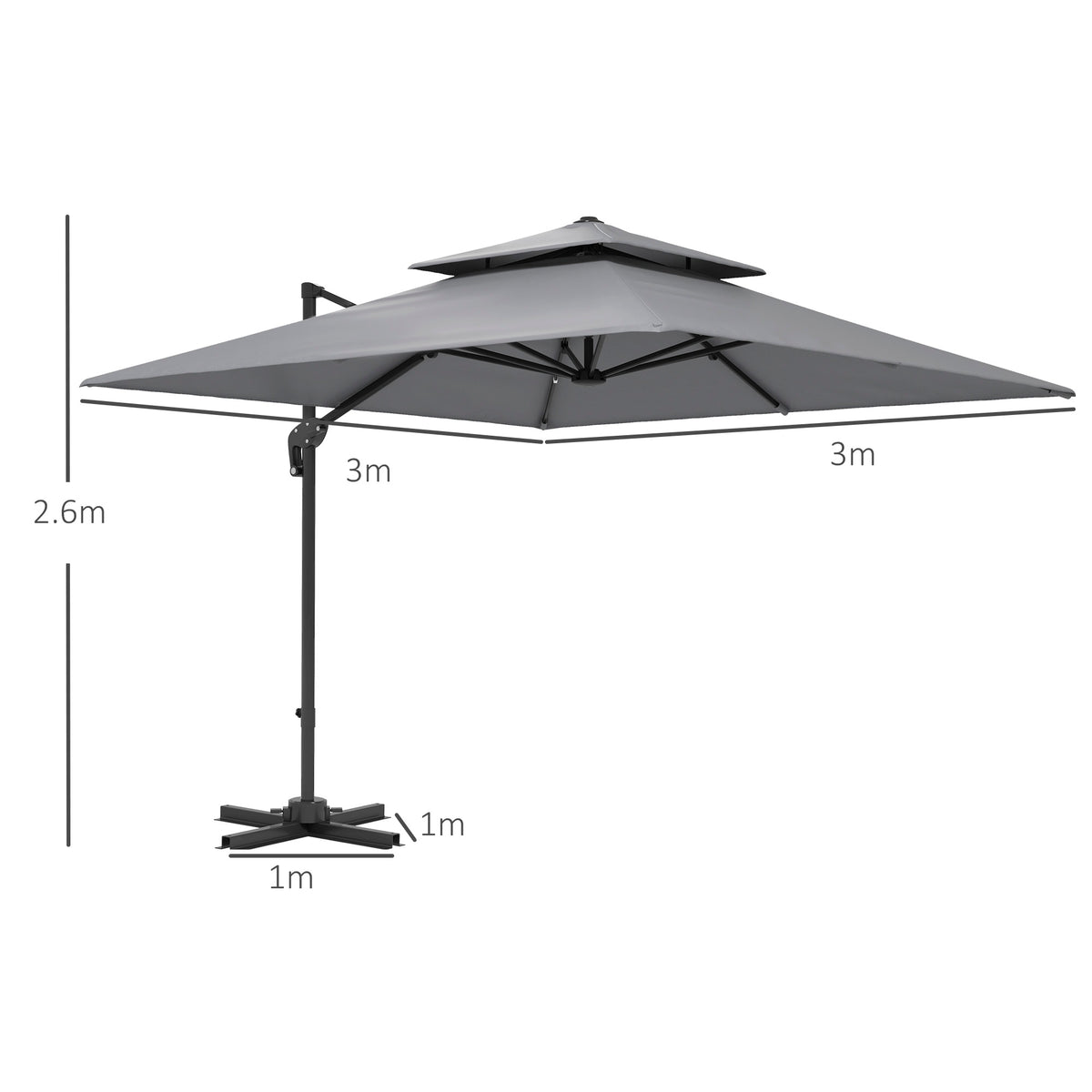 3 x 3m Cantilever Parasol with Aluminium Frame, Crank, Tilt & 360° Rotation, Double Top Garden Umbrella with Base and Cover - Light Grey