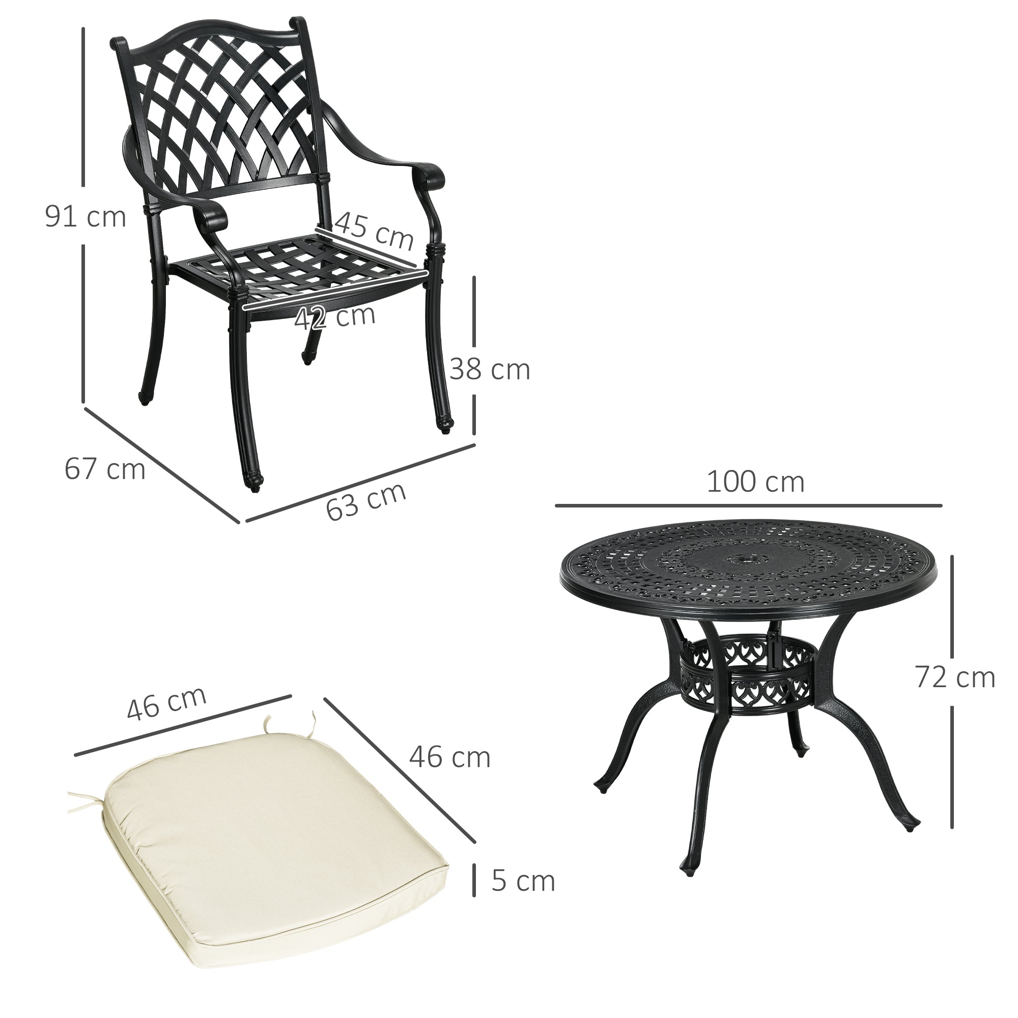 Cast Aluminium 4 Seater Outdoor Dining Set with Cushions Parasol Hole Black