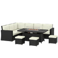 7 Pieces PE Rattan Garden Furniture Set, 50,000 BTU Gas Fire Pit Table, Double Corner Sofa and 3 Footstools
