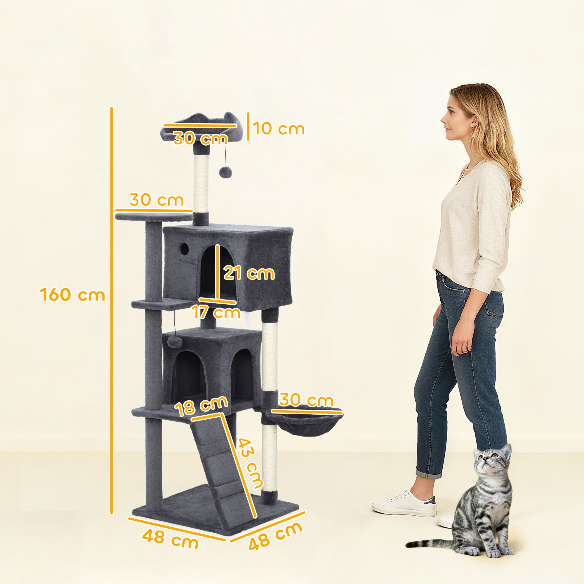 160cm Large Cat Tree Tower with Sisal Scratching Posts, Condos, Plush Perches, Hammock, Ladder, Dark Grey