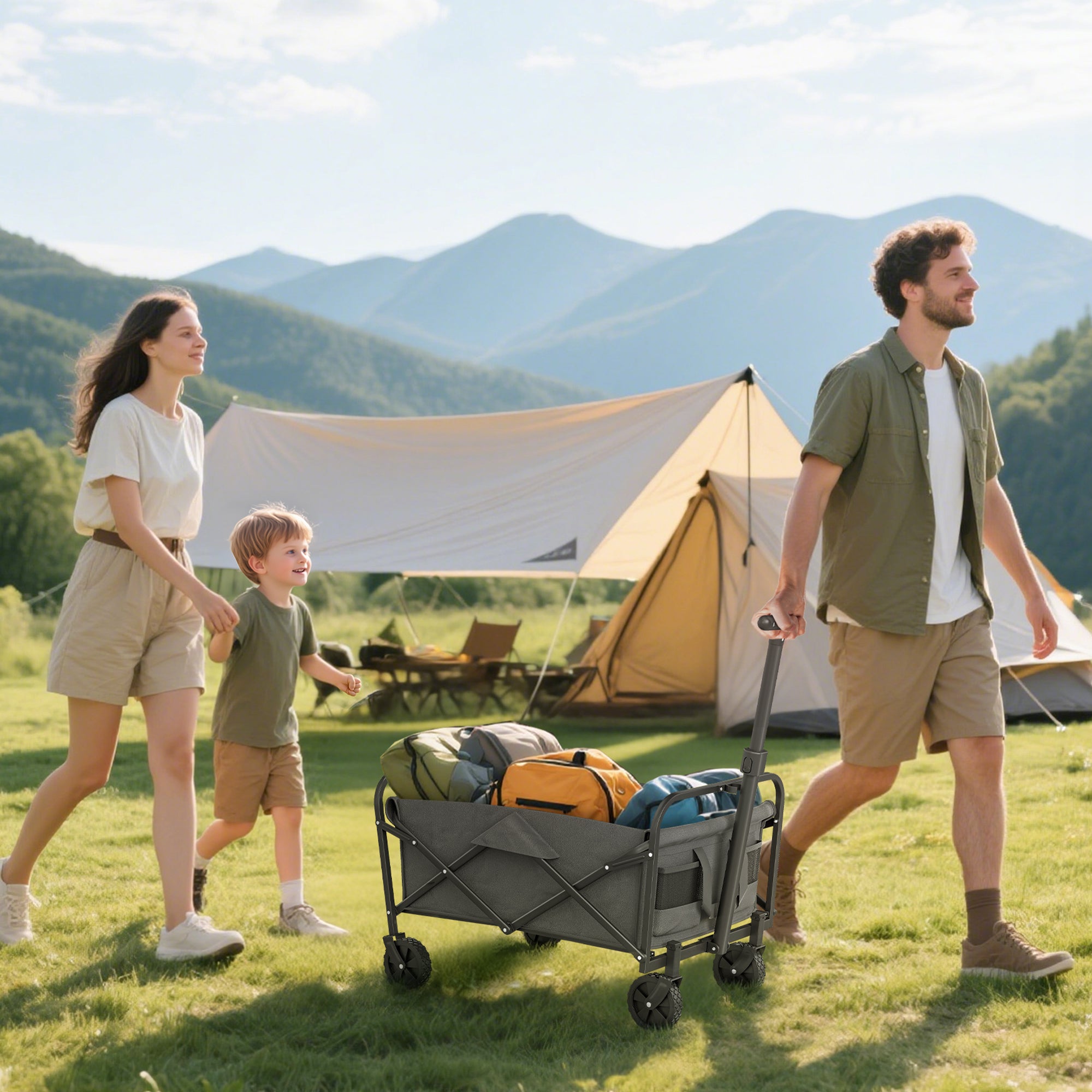 93L Festival Trolley on Wheels, Garden Folding Trolley Cart, 120kg Heavy Duty Collapsible Folding Wagon with Adjustable Handle and Carrying Bag for Beach, Camping, Festival, Grey