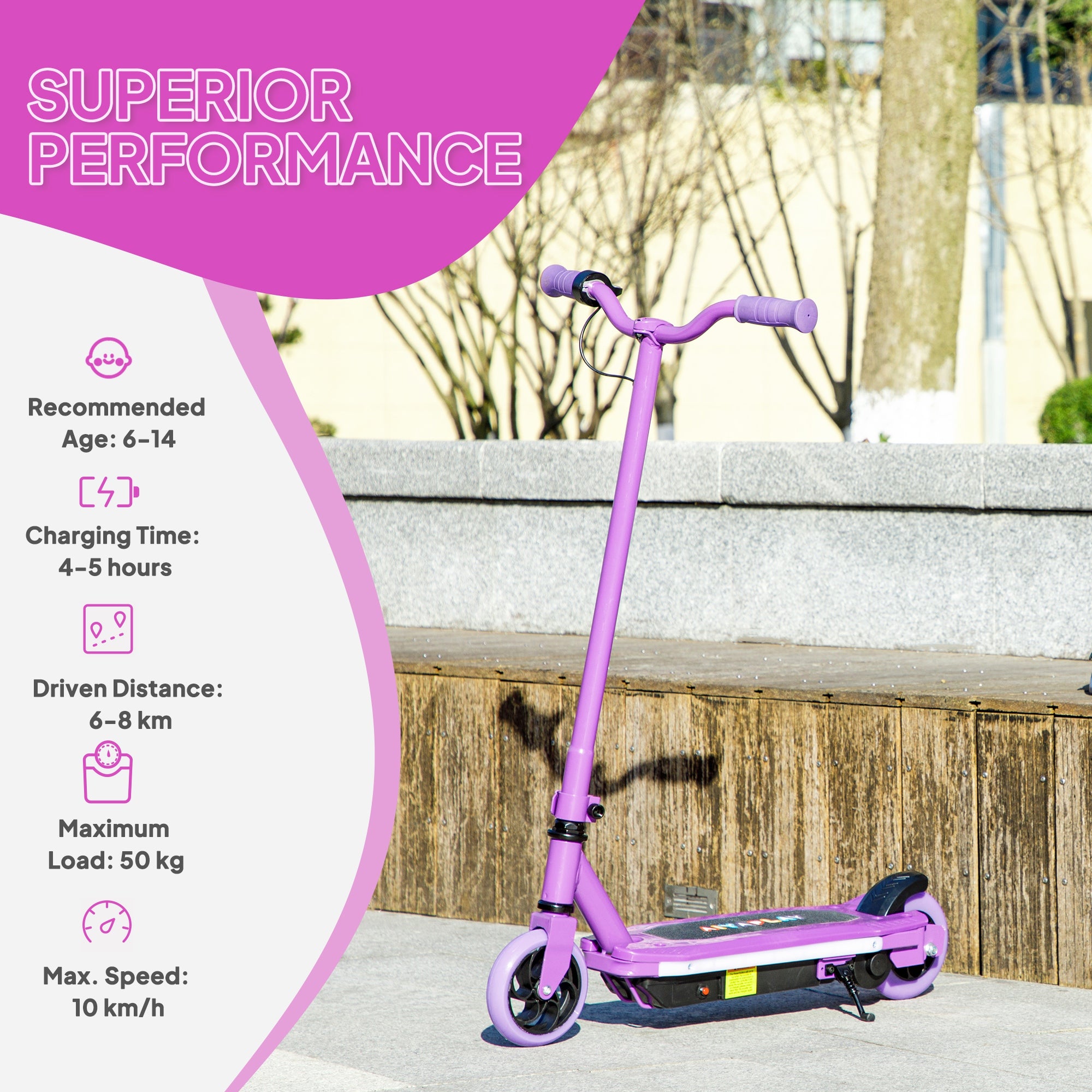 Electric Scooter for Kids 6-14 with Colourful Lights & Electric Brake, 10 km/h Speed - Purple
