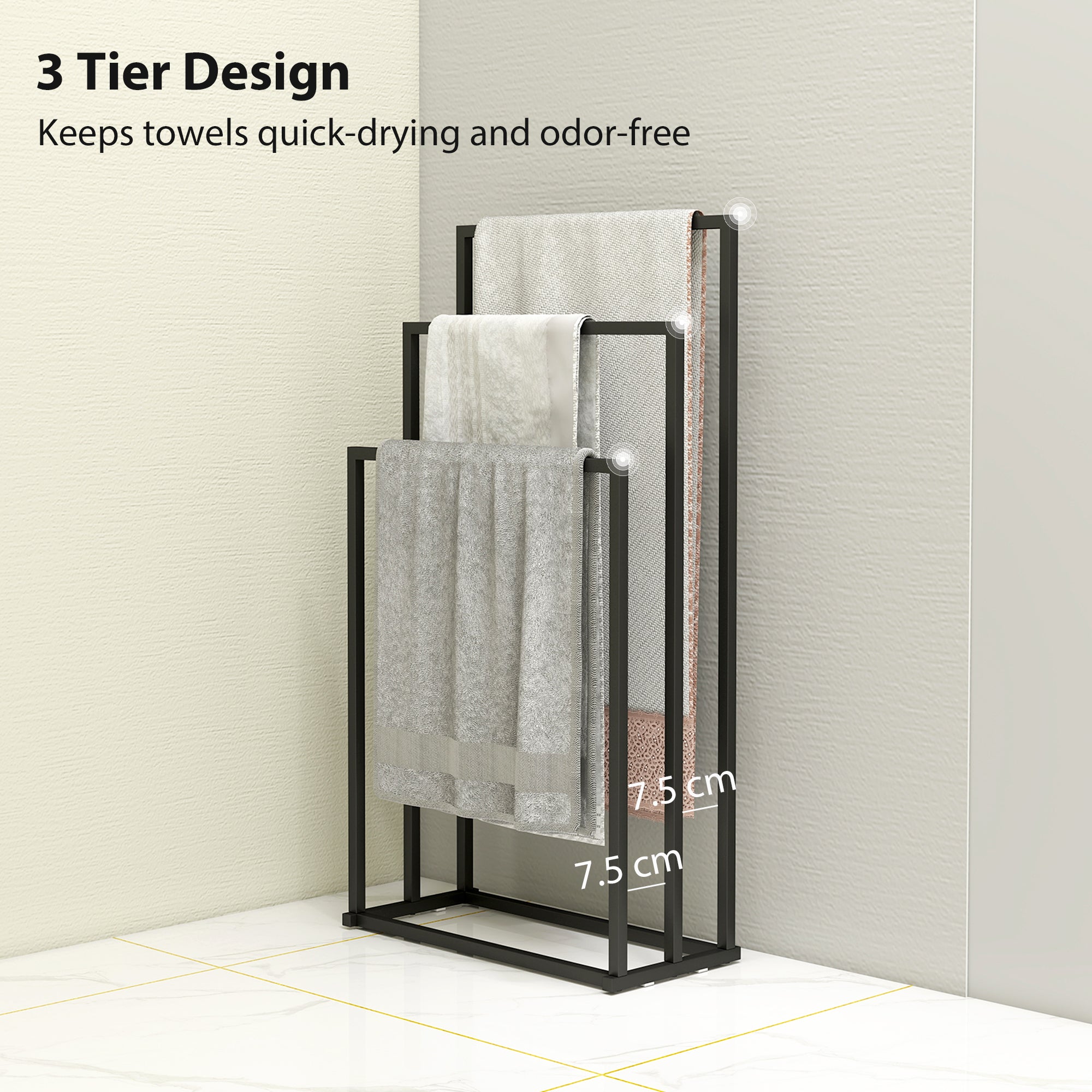 Freestanding Towel Rack, Steel Towel Rail Holder with 3 Bars, Black