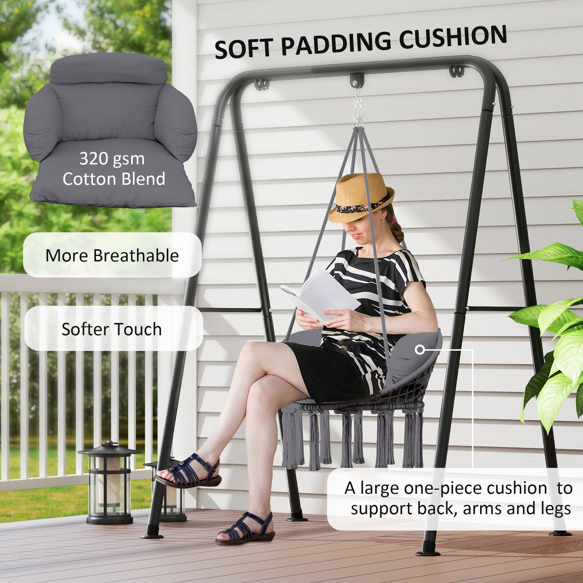 Hanging Hammock Chair with Soft Cushion Set and Steel Frame - Dark Grey
