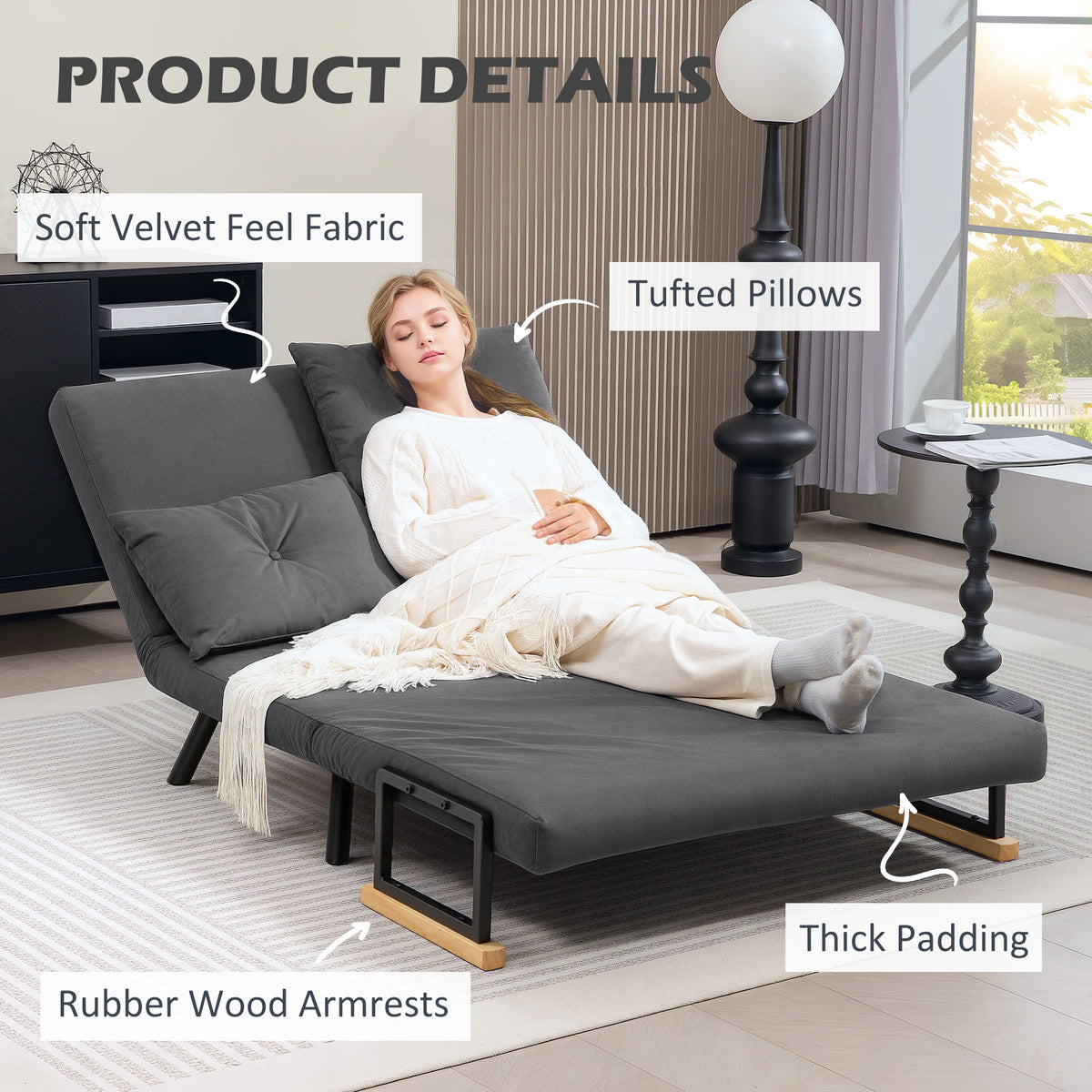 4-in-1 Velvet-Feel Double Sofa Bed with Pillows - Dark Grey