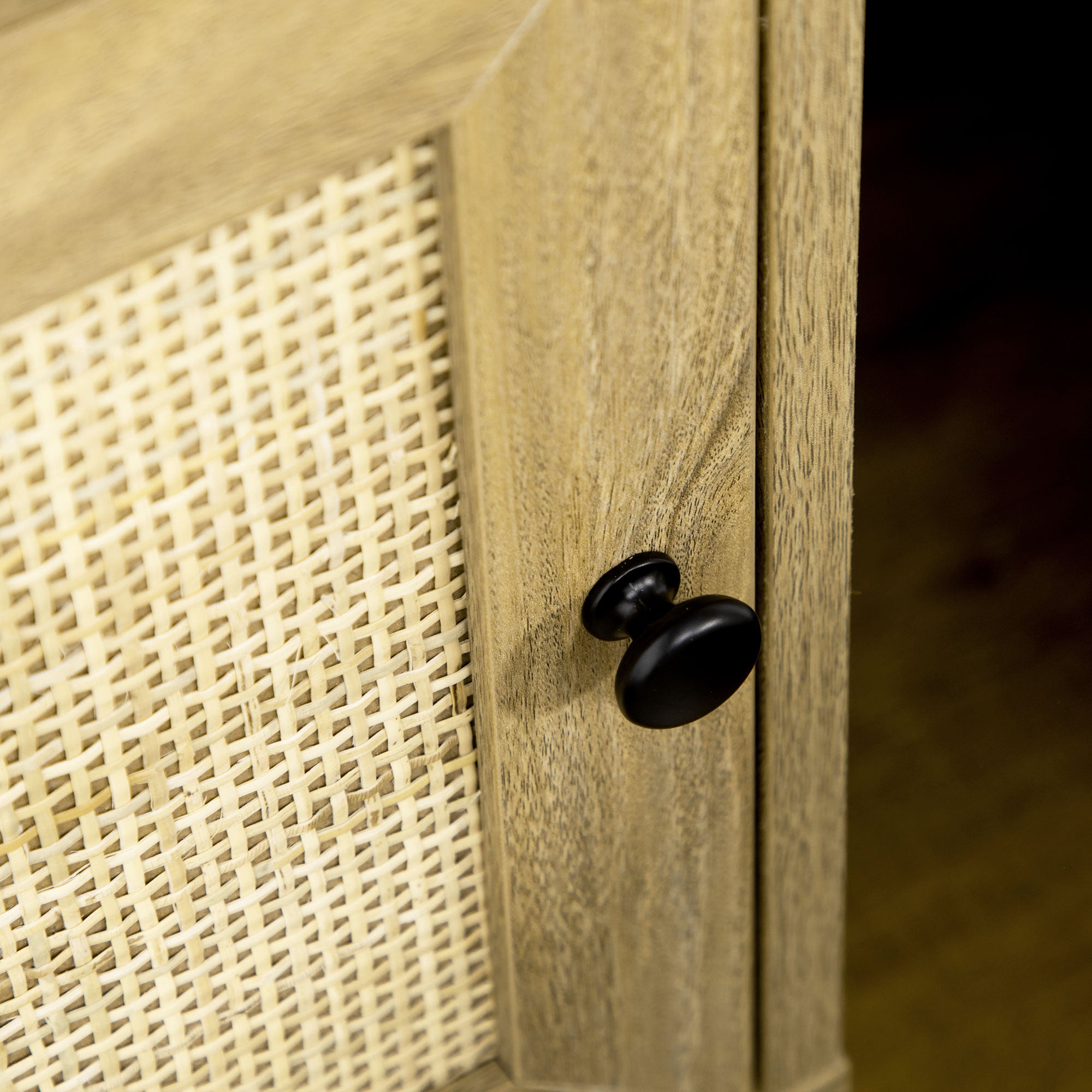 Bedside Table with Rattan Panel, Shelf & Cupboard 39x35x60cm - Natural